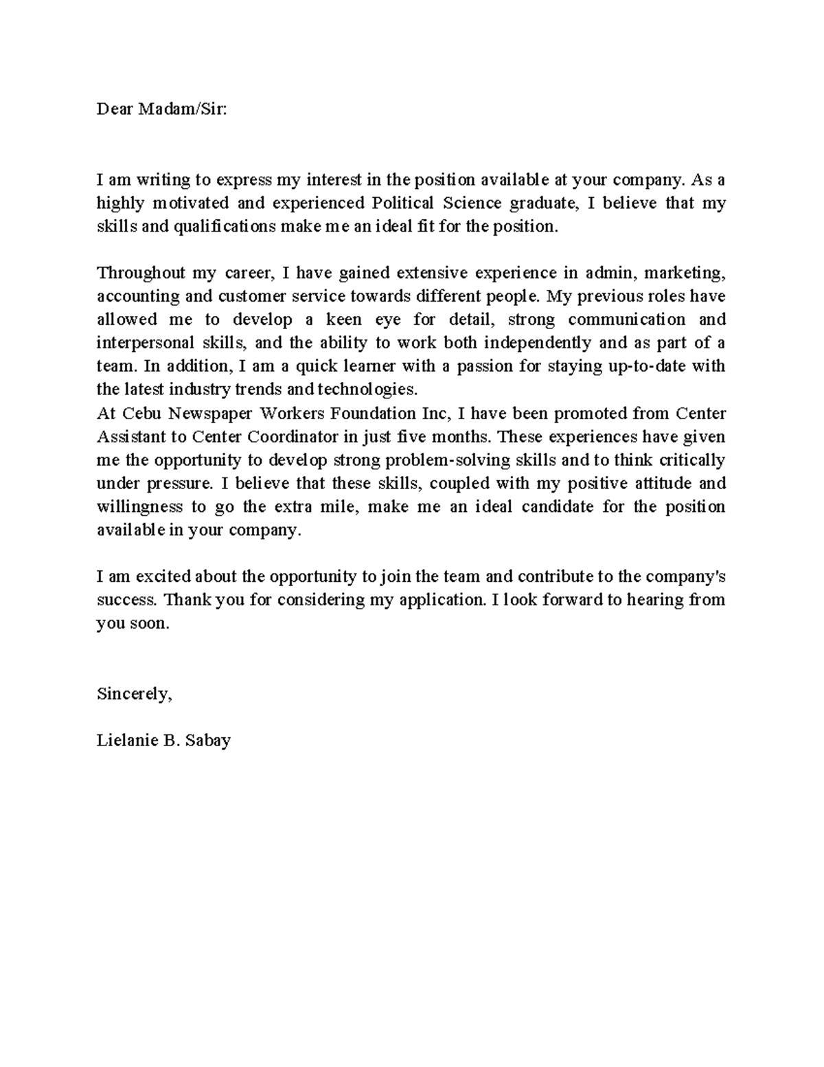 Cover-letter - JKKL - Dear Madam/Sir: I am writing to express my ...