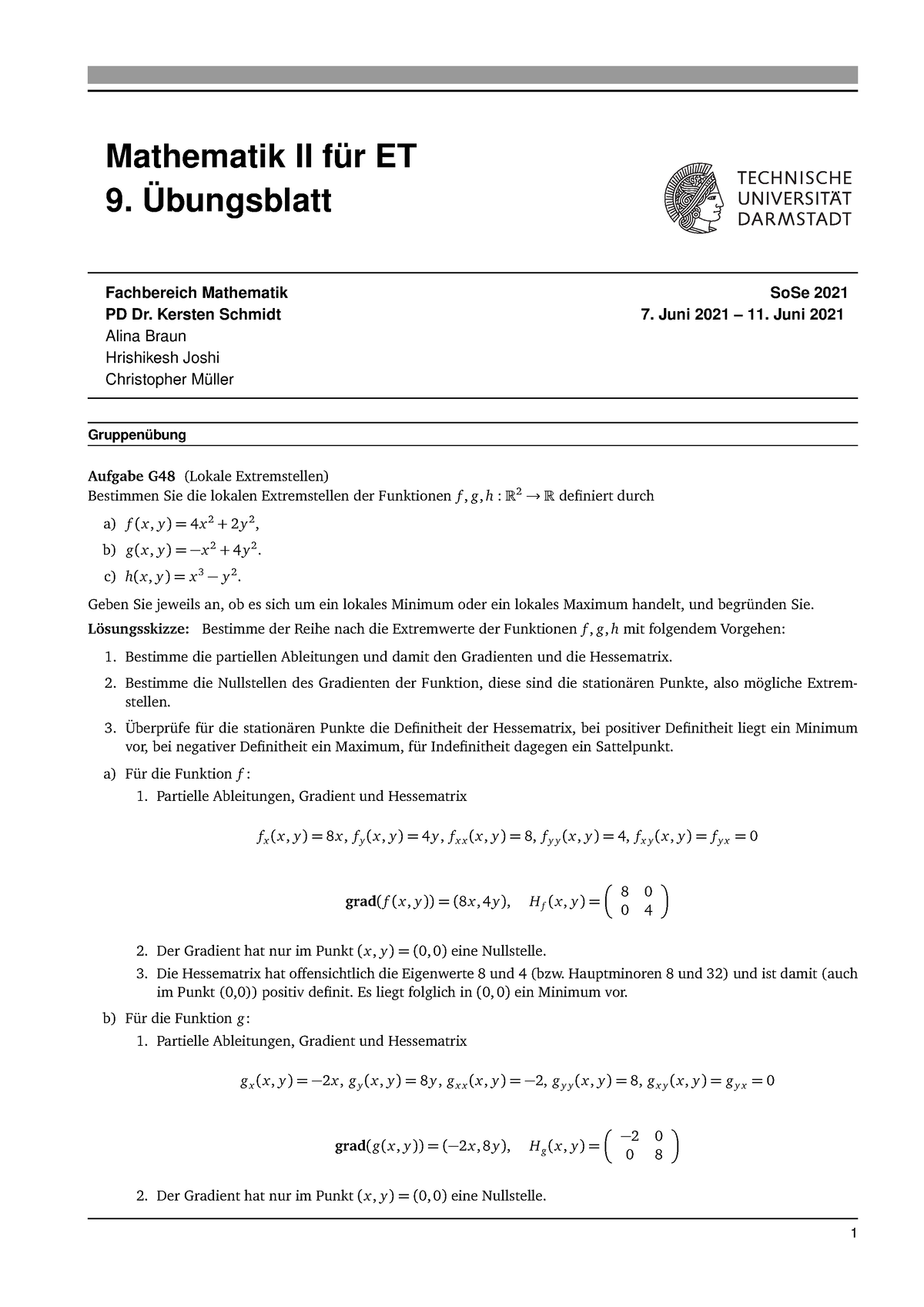 Uebung 9 Mit Loesungen - Mathematik II Für ET 9. Übungsblatt ...