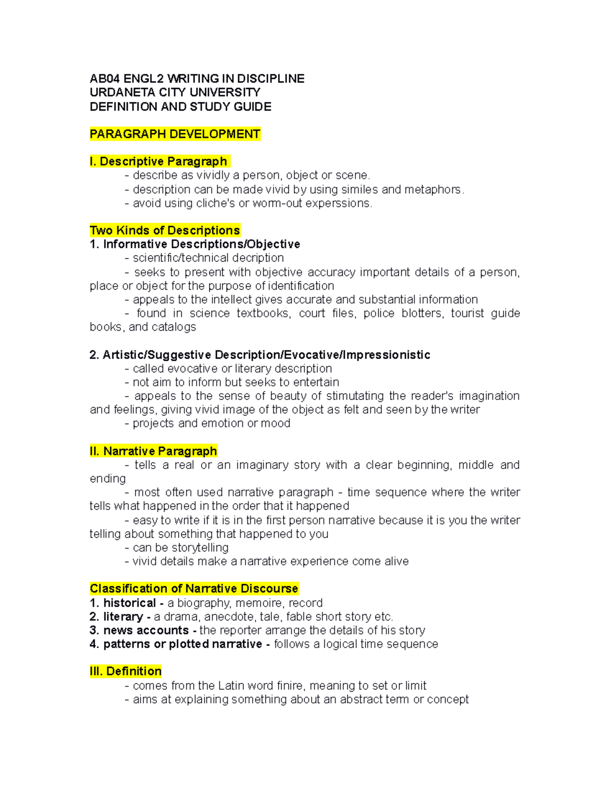 Paragraph Development - AB04 ENGL2 WRITING IN DISCIPLINE URDANETA CITY ...