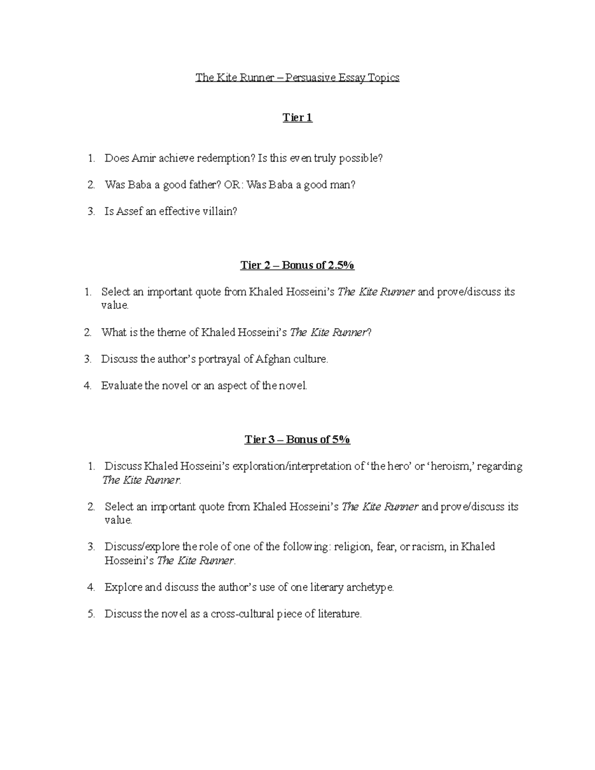 essay topics kite runner