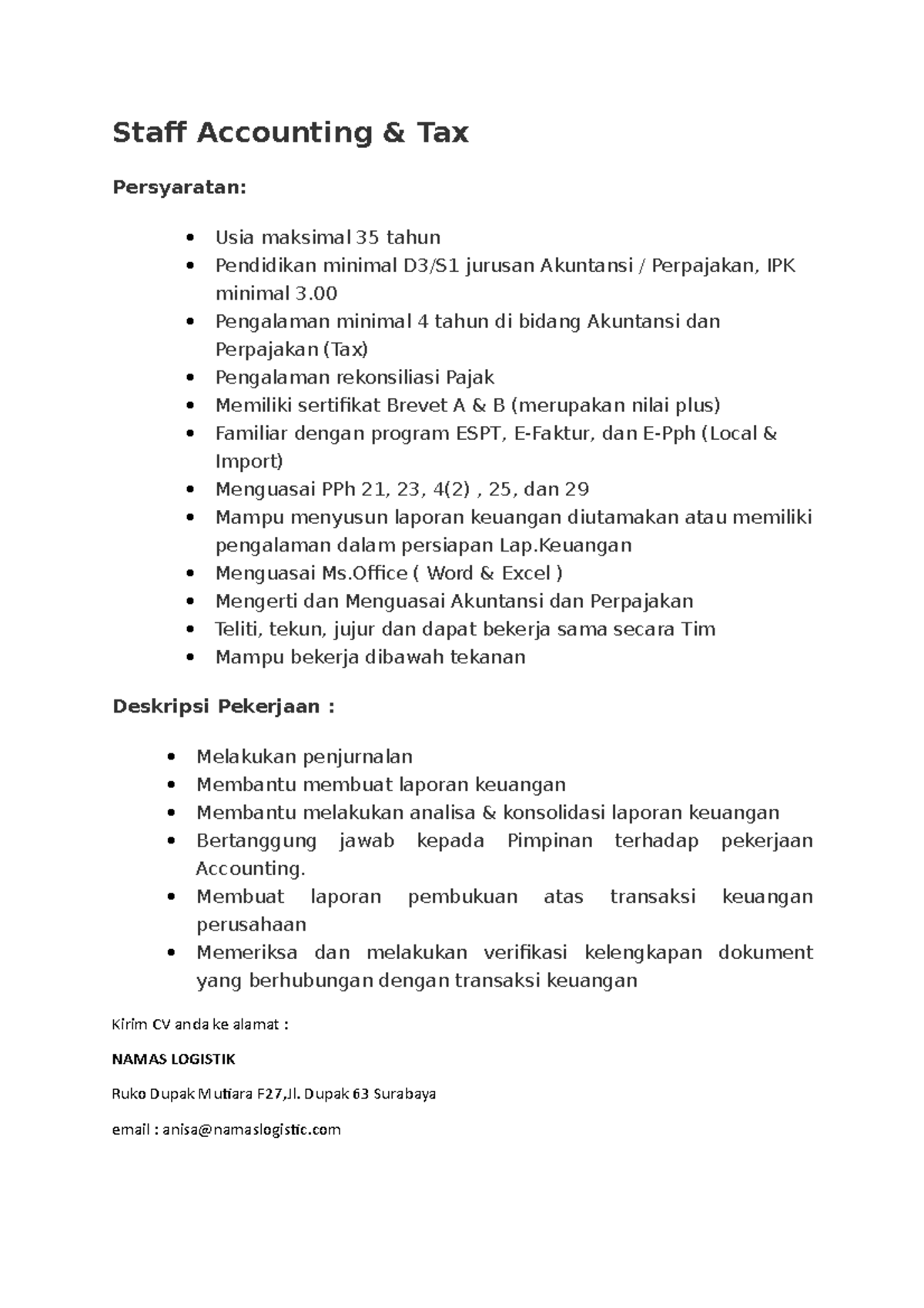 Loker Staff Accounting - Staff Accounting & Tax Persyaratan: Usia ...