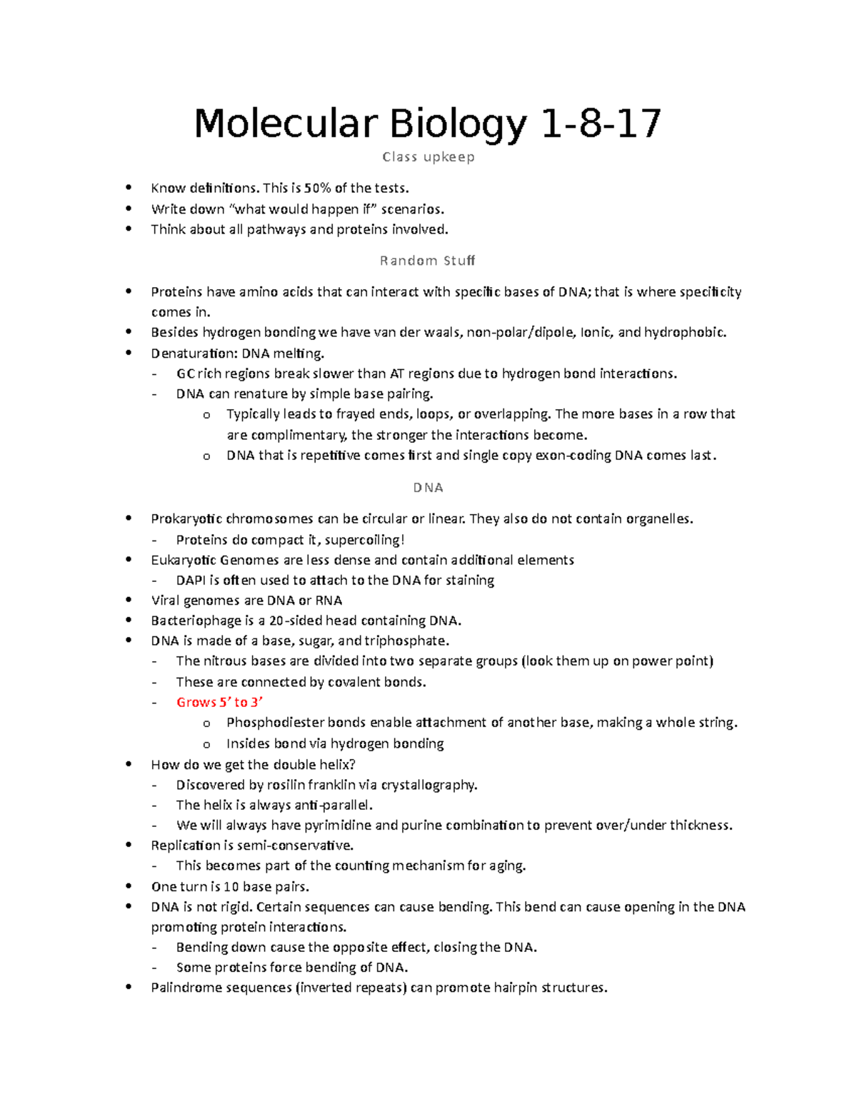 Molecular Biology 1-8-18 - Molecular Biology 1-8-17 Class upkeep Know ...