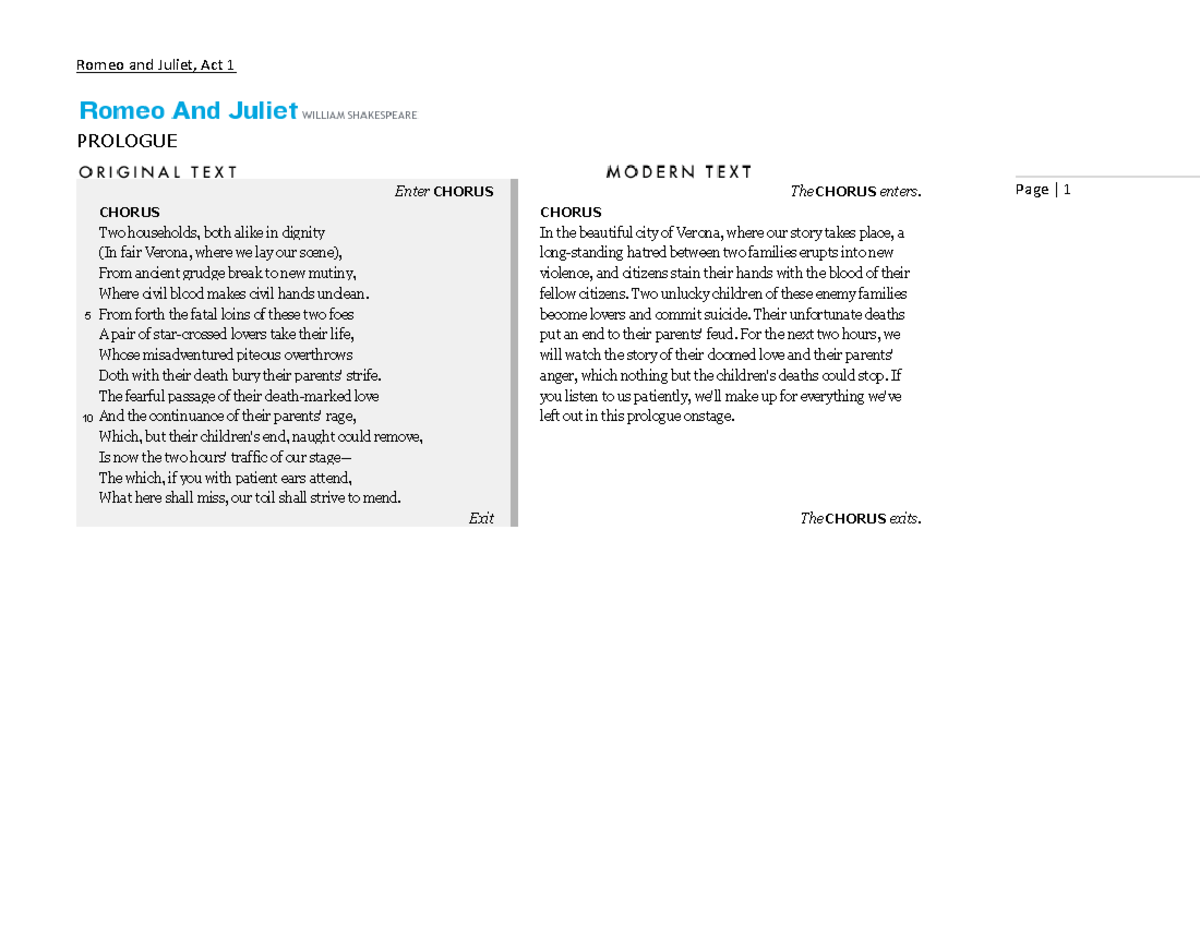 Romeo+and+Juliet+ACT+1 - Page | 1 PROLOGUE Enter CHORUS The CHORUS