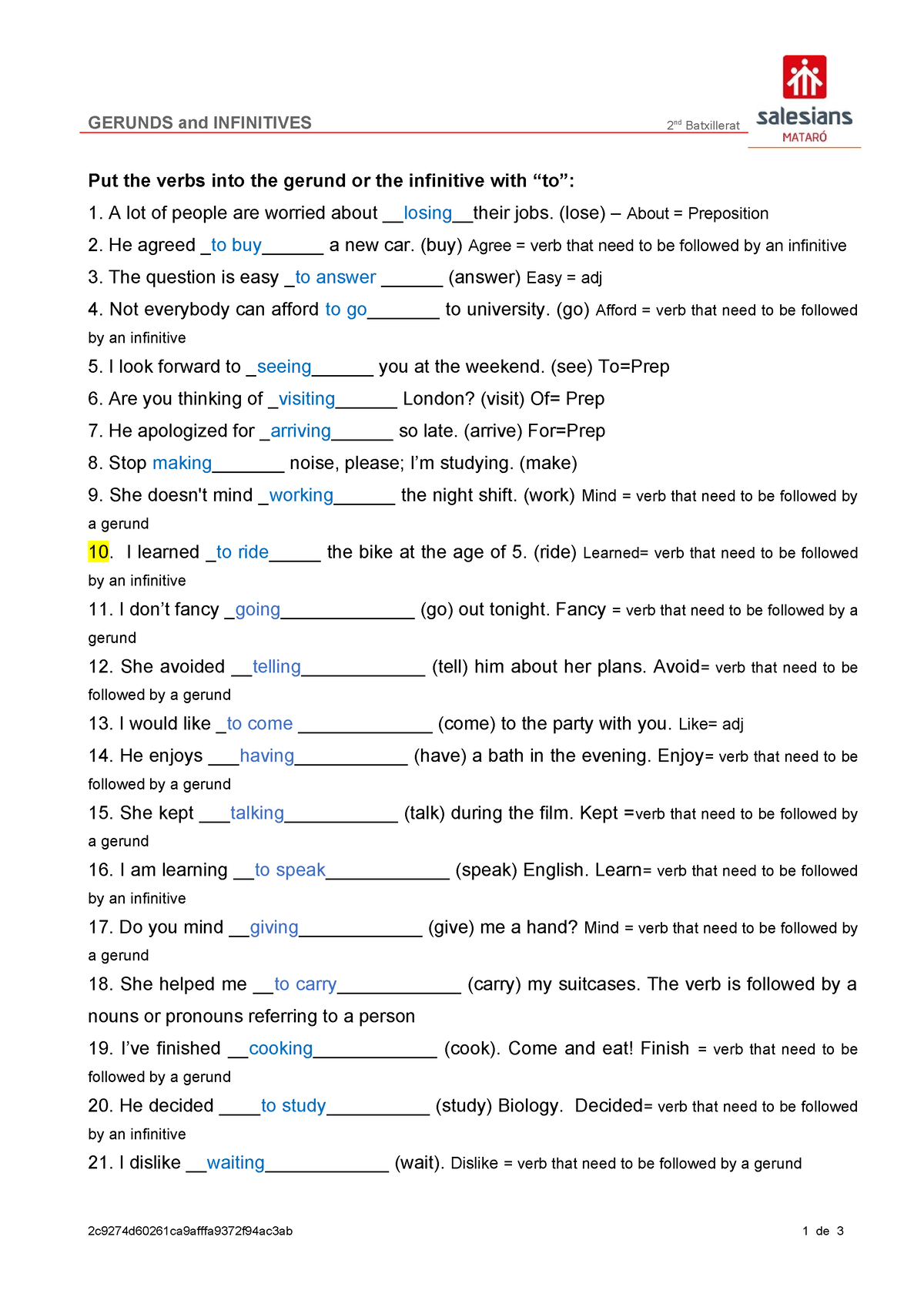 Gerunds and Infinitives exercises - GERUNDS and INFINITIVES 2 nd ...