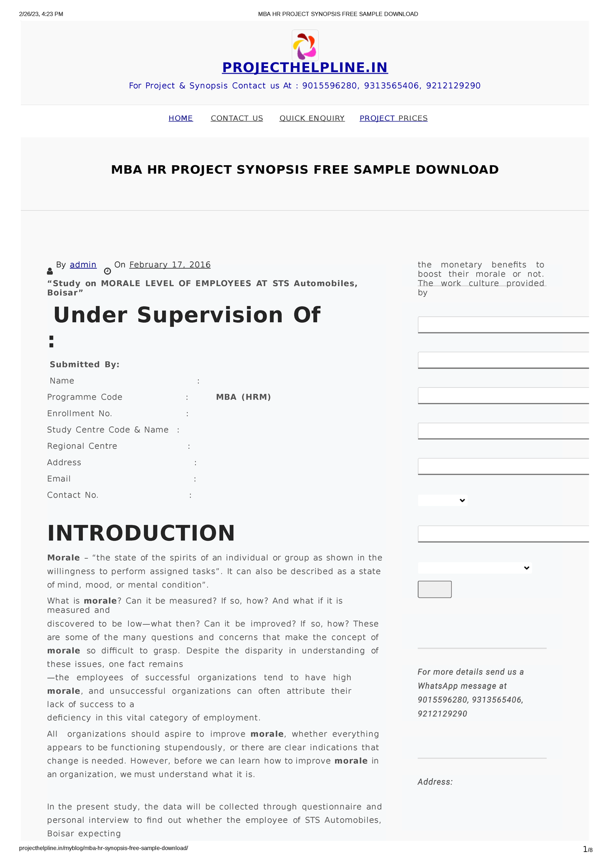 MBA HR Project Synopsis FREE Sample Download - 2/26/23, 4:23 PM MBA HR ...