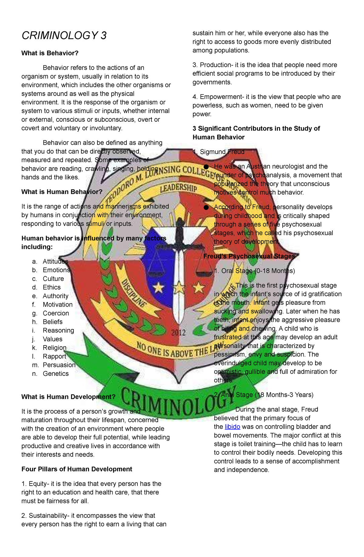 Criminology 3 Reading Material - CRIMINOLOGY 3 What Is Behavior ...