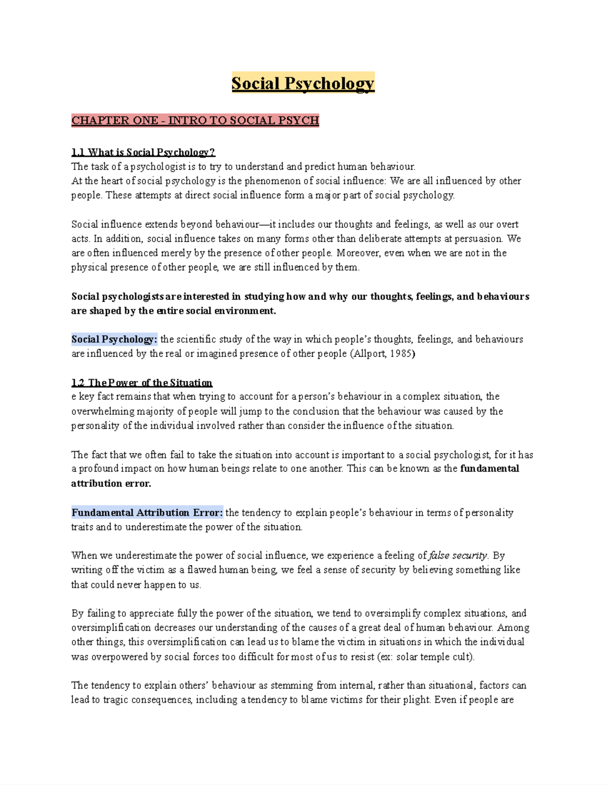 Psych text notes - Social Psychology CHAPTER ONE - INTRO TO SOCIAL ...