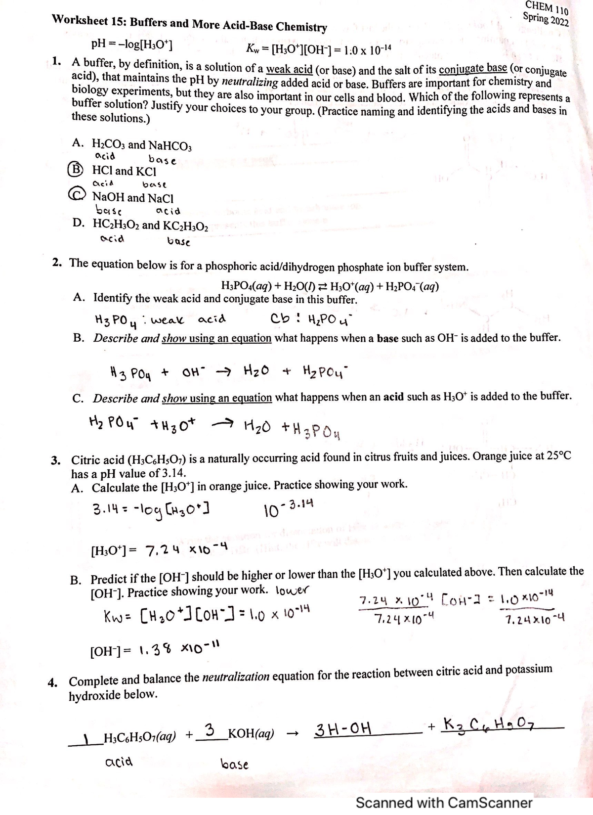 Worksheet 15: buffers and acid - CHEM 130 - Studocu