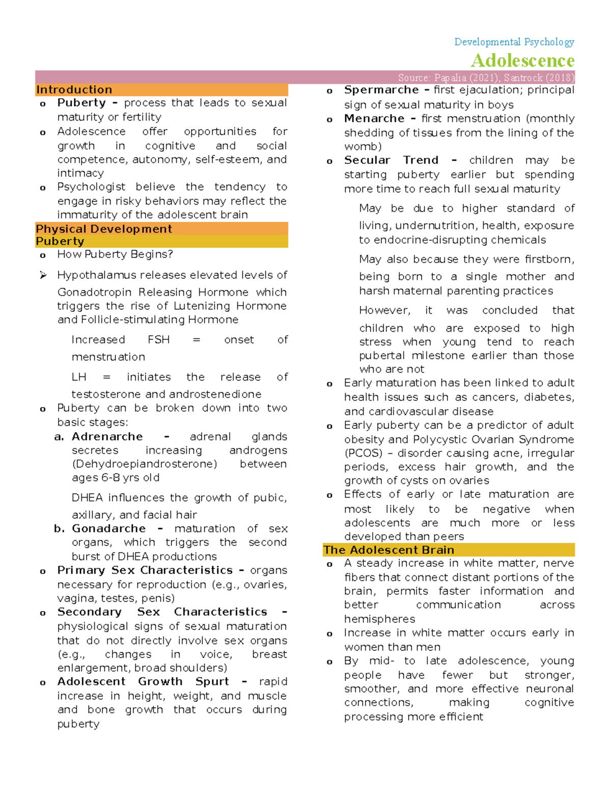 DEV Psych Adolescence - reviewer - Adolescence Source: Papalia (2021 ...