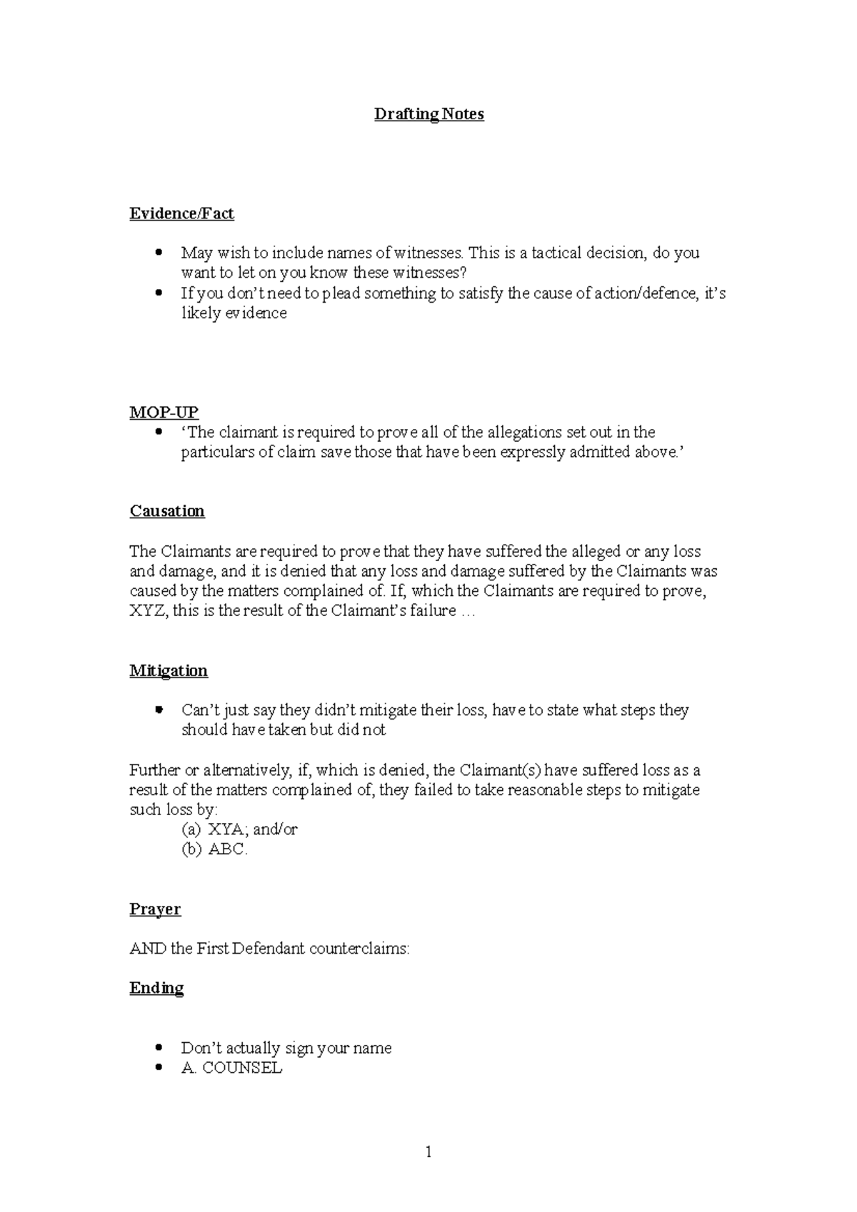 Drafting Notes Drafting Notes Evidence/Fact May wish to include names