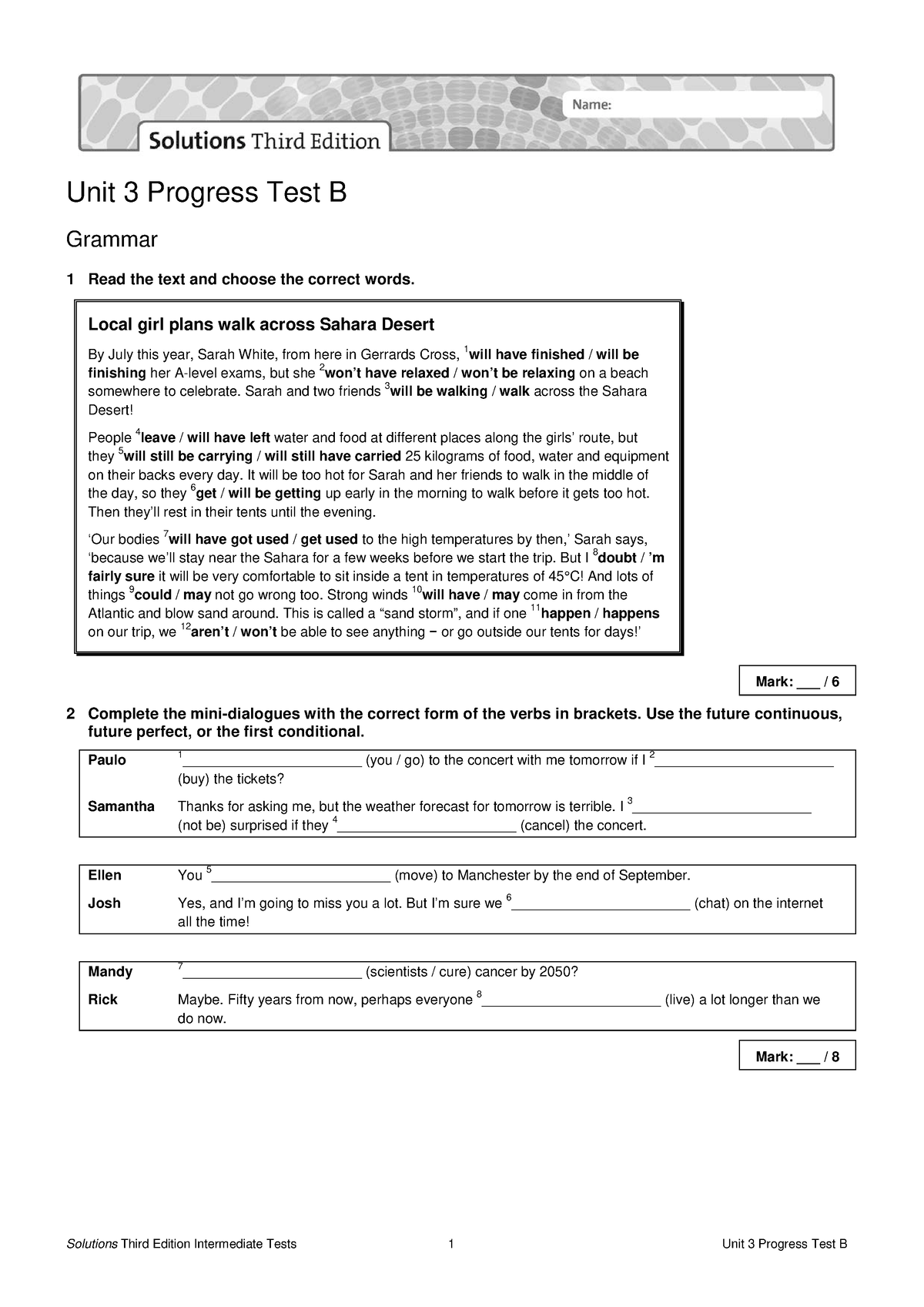 Solution UNIT 3 Test B - Unit 3 Progress Test B Grammar 1 Read The Text ...