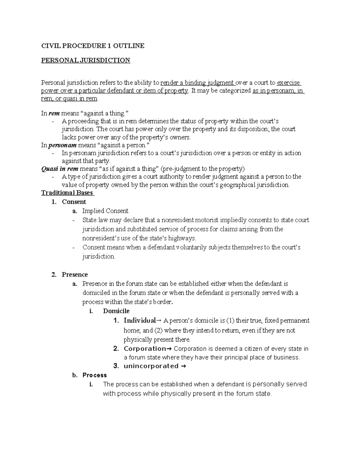 CIV PRO 1 Outline - CIVIL PROCEDURE 1 OUTLINE PERSONAL JURISDICTION ...