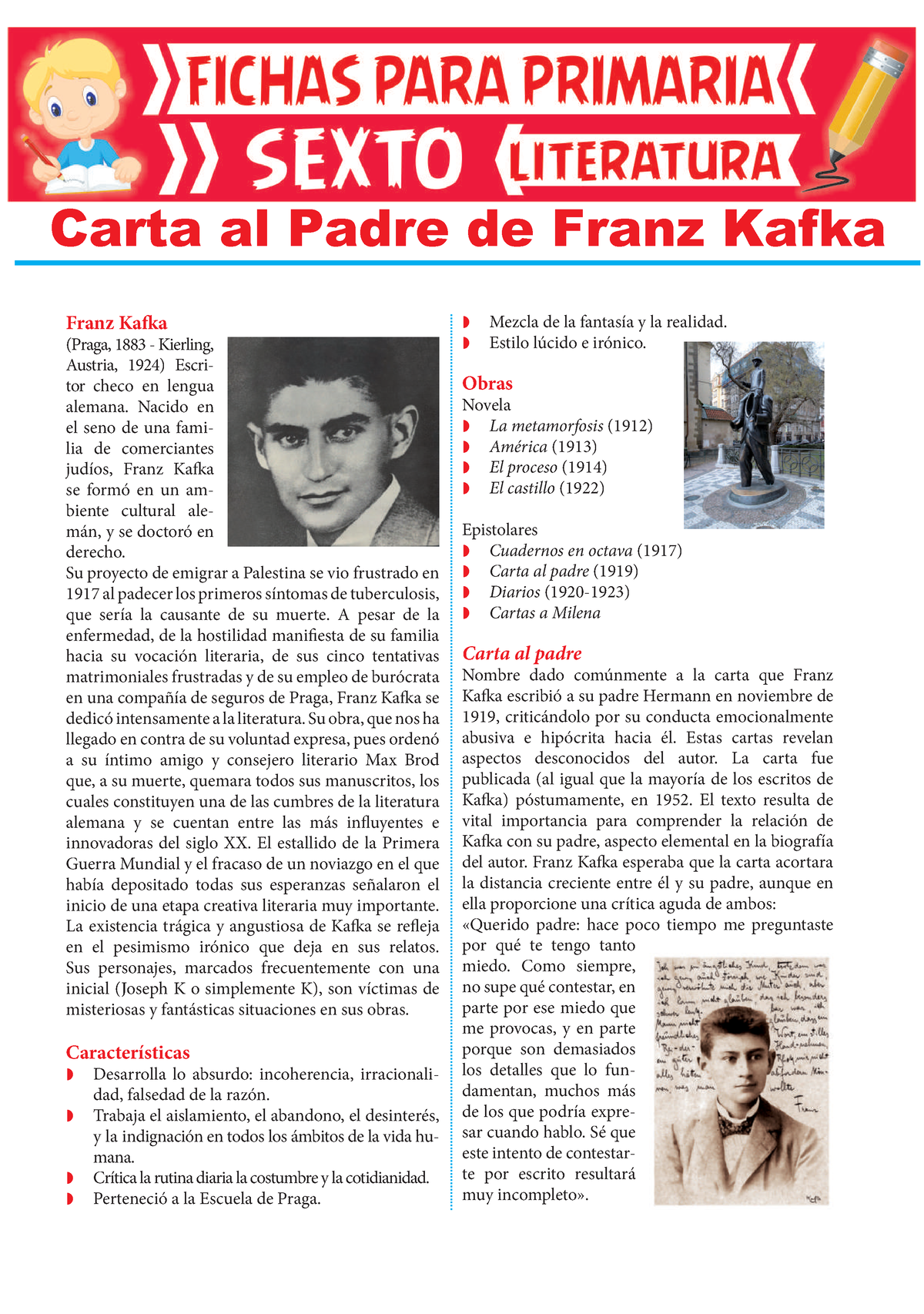 Carta al Padre de Franz Kafka para Sexto Grado de Primaria - Franz Ka a  (Praga, 1883 - Kierling, - Studocu