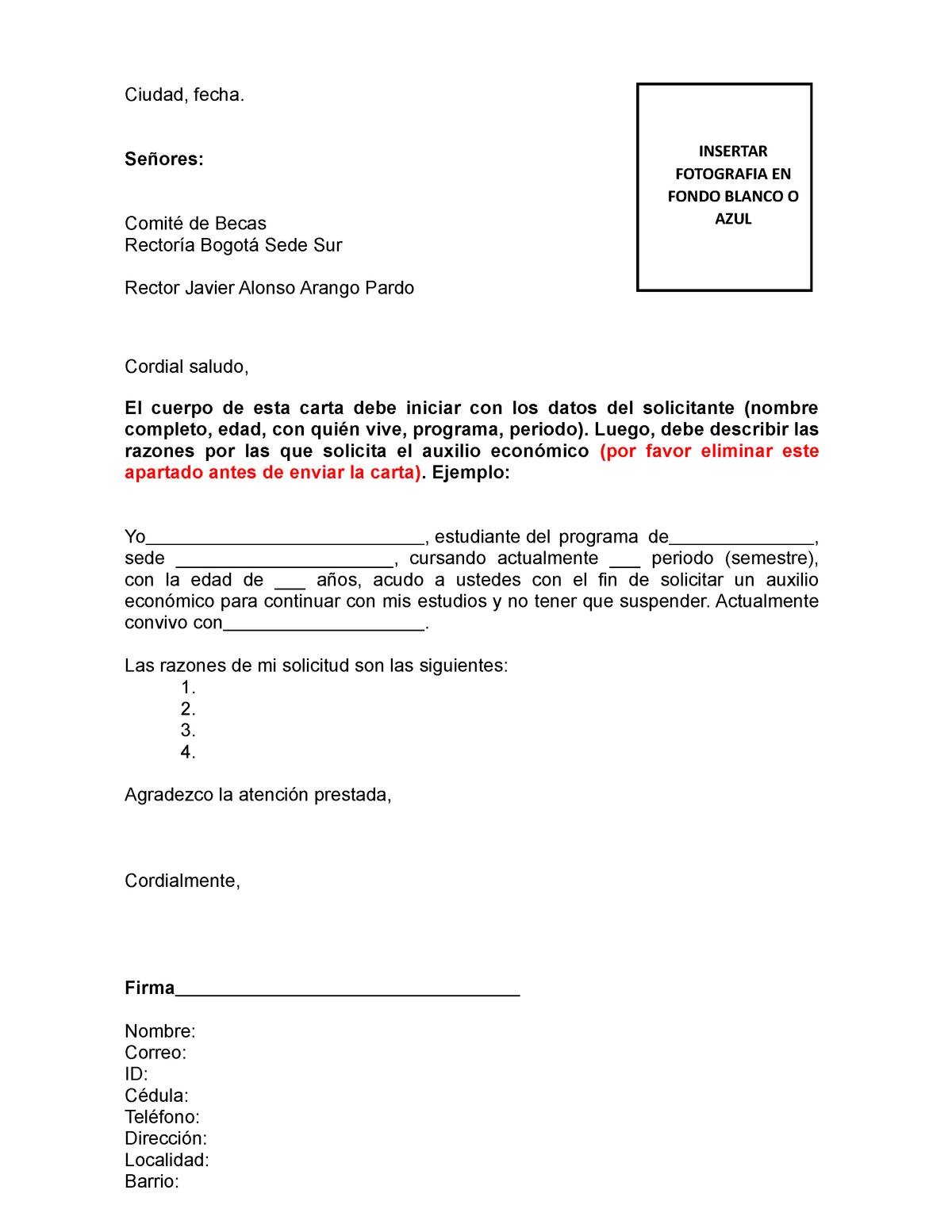 Carta Solicitud Y Renovación BECA - Ciudad, fecha. Señores: Comité de Becas  Rectoría Bogotá Sede Sur - Studocu