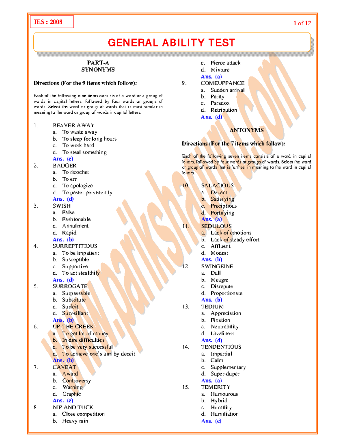 18667365-General-Ability - 1 of 12 PART-A SYNONYMS Directions (For the ...