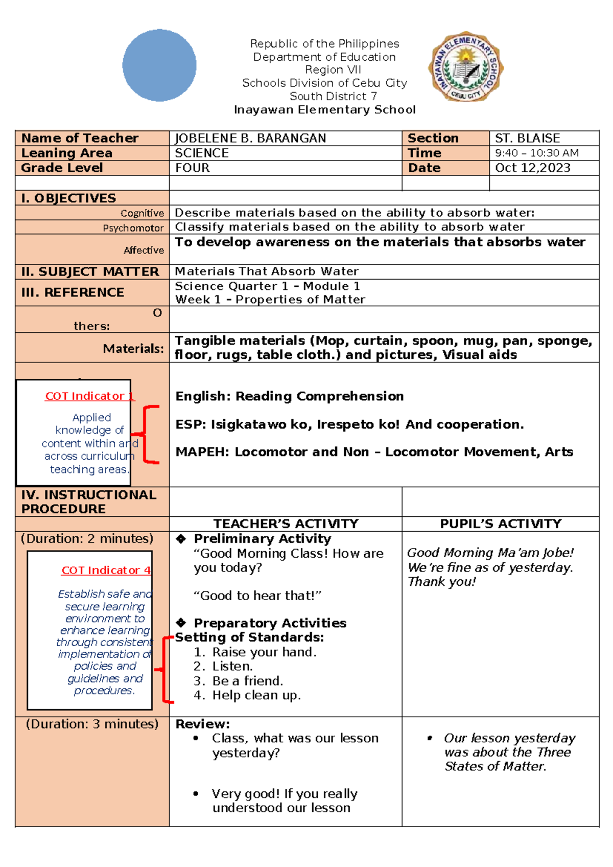 Q1 Lesson-Plan Science - Republic of the Philippines Department of ...