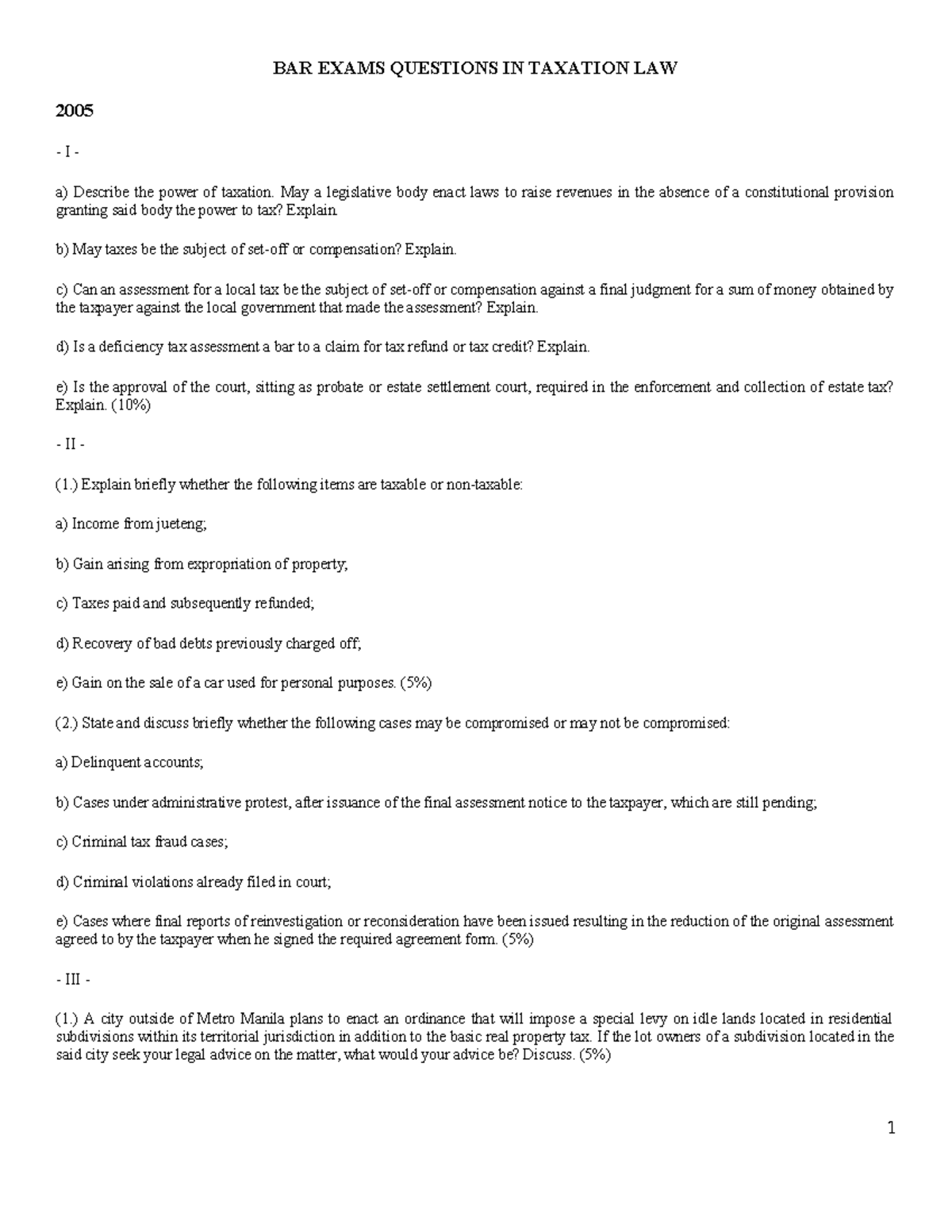 147058381 - Lecture notes 3-7 - BAR EXAMS QUESTIONS IN TAXATION LAW ...