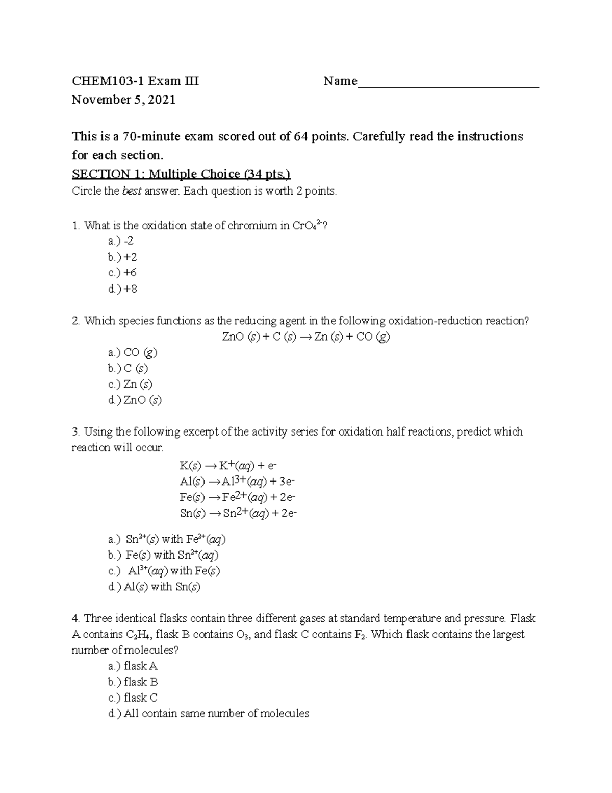 CHEM103-1 Exam 3 F21 - Exam 3 Practice - CHEM103-1 Exam III Name