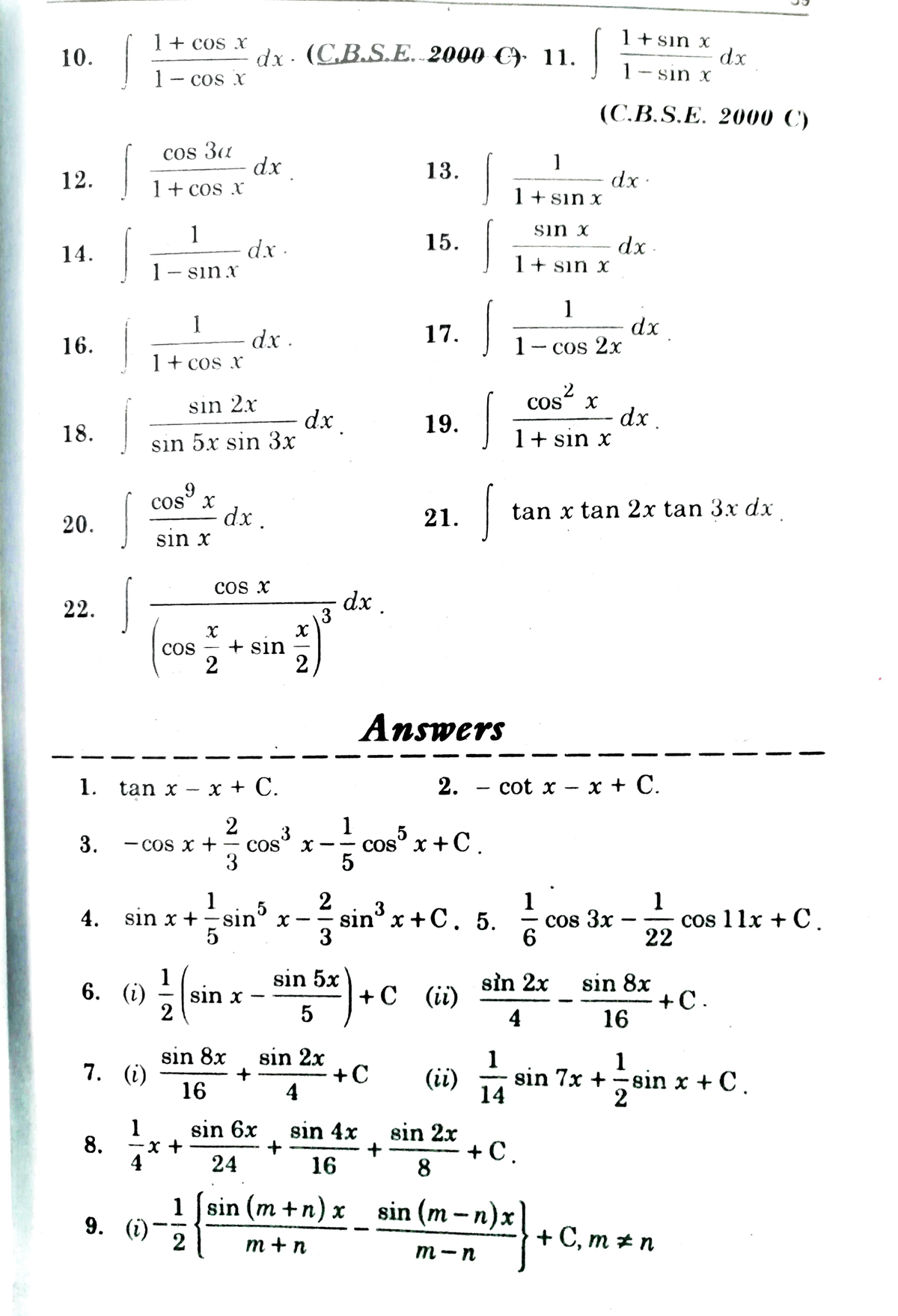 Cbse maths integration part. 8 - ..:, f 1 + COS X f 1 + sin x 10. dx ...