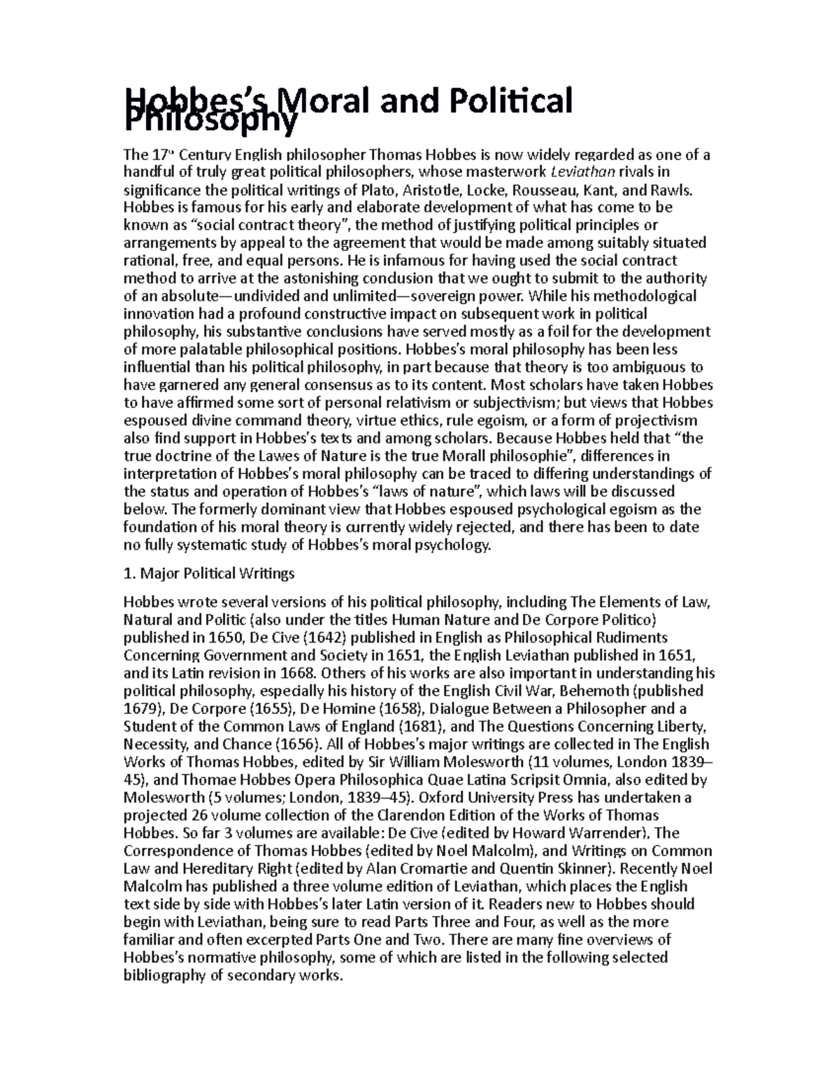 Lecture in Hobbes’s Moral and Political Philosophy - Hobbes’s Moral and Political Philosophy The ...