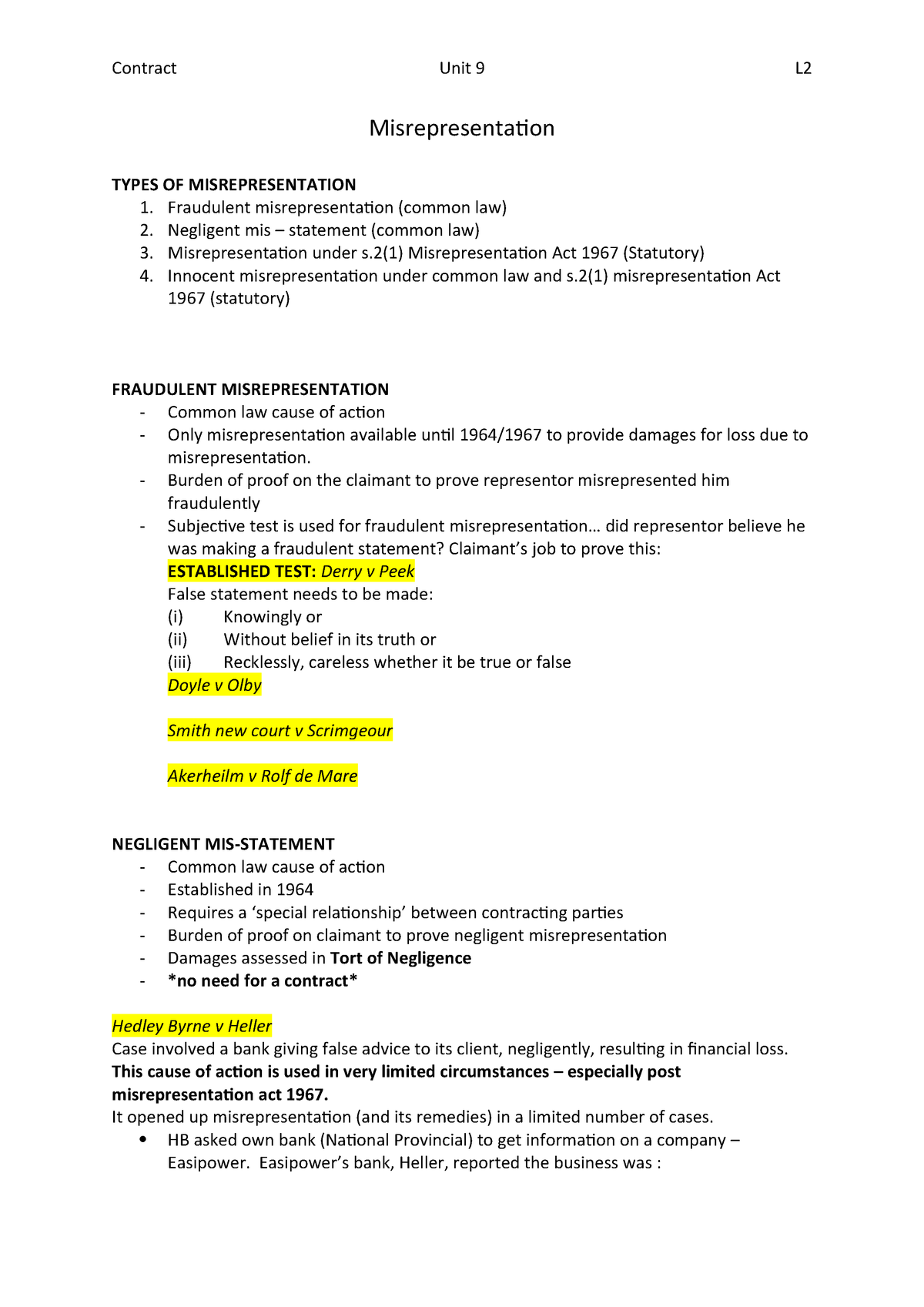 Contract Law: Misrepresentation In Law