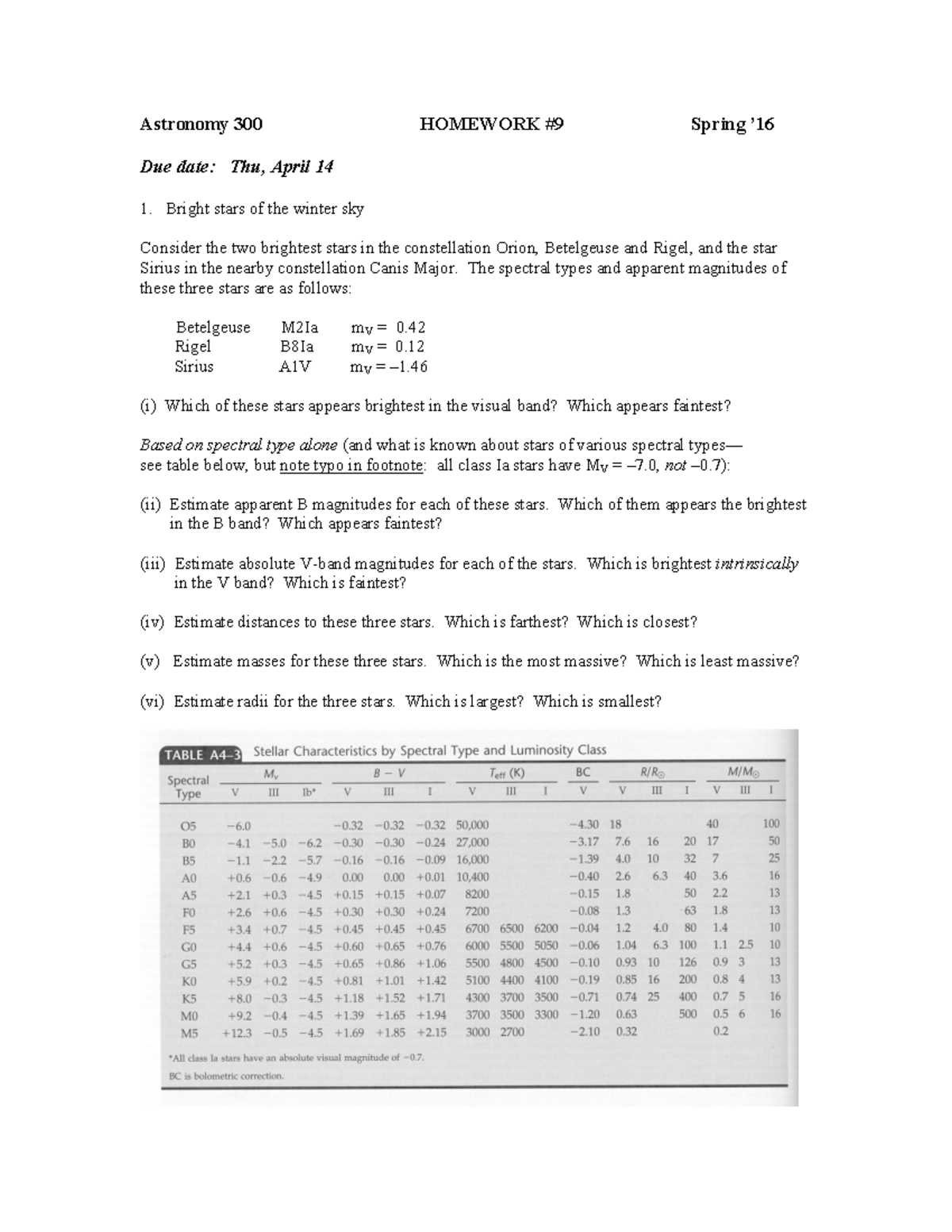 Hw09 - Homework assignment 9 - Astronomy 300 HOMEWORK #9 Spring ’ Due ...