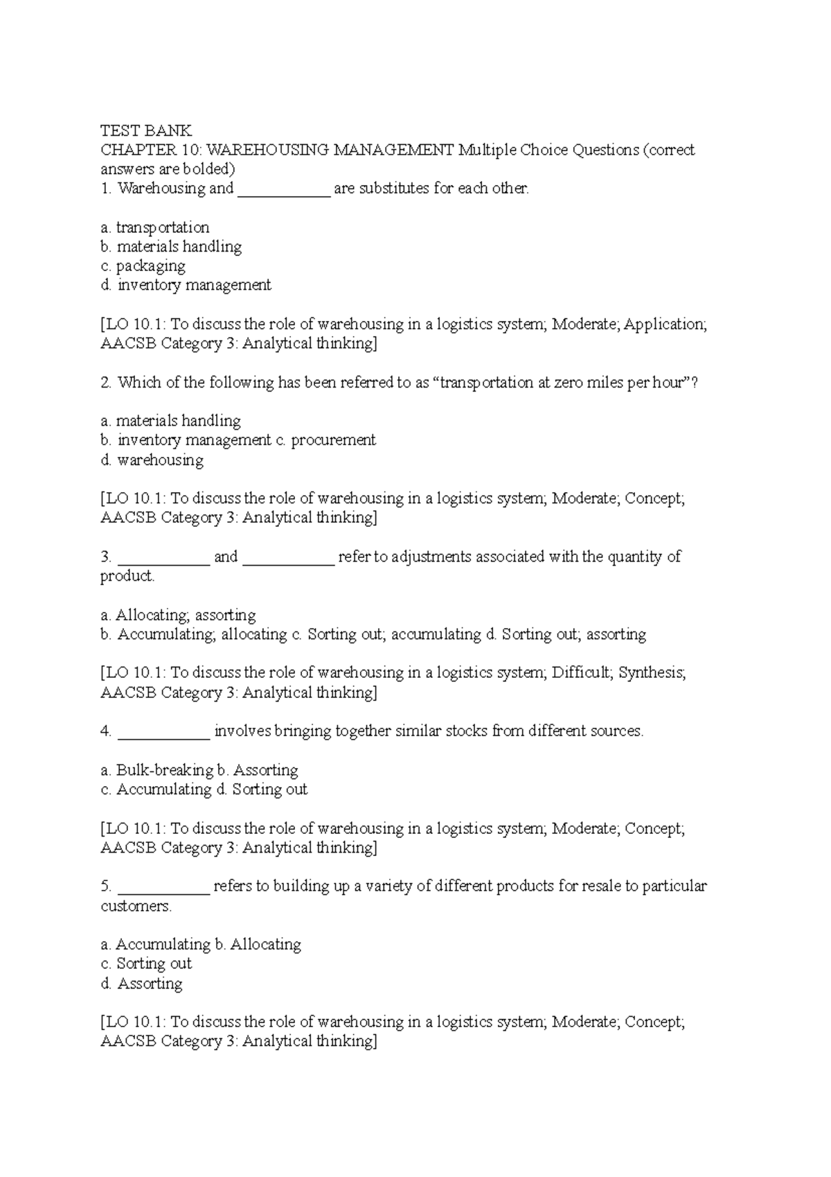 Chapter 10 TB - TEST BANK CHAPTER 10: WAREHOUSING MANAGEMENT Multiple ...