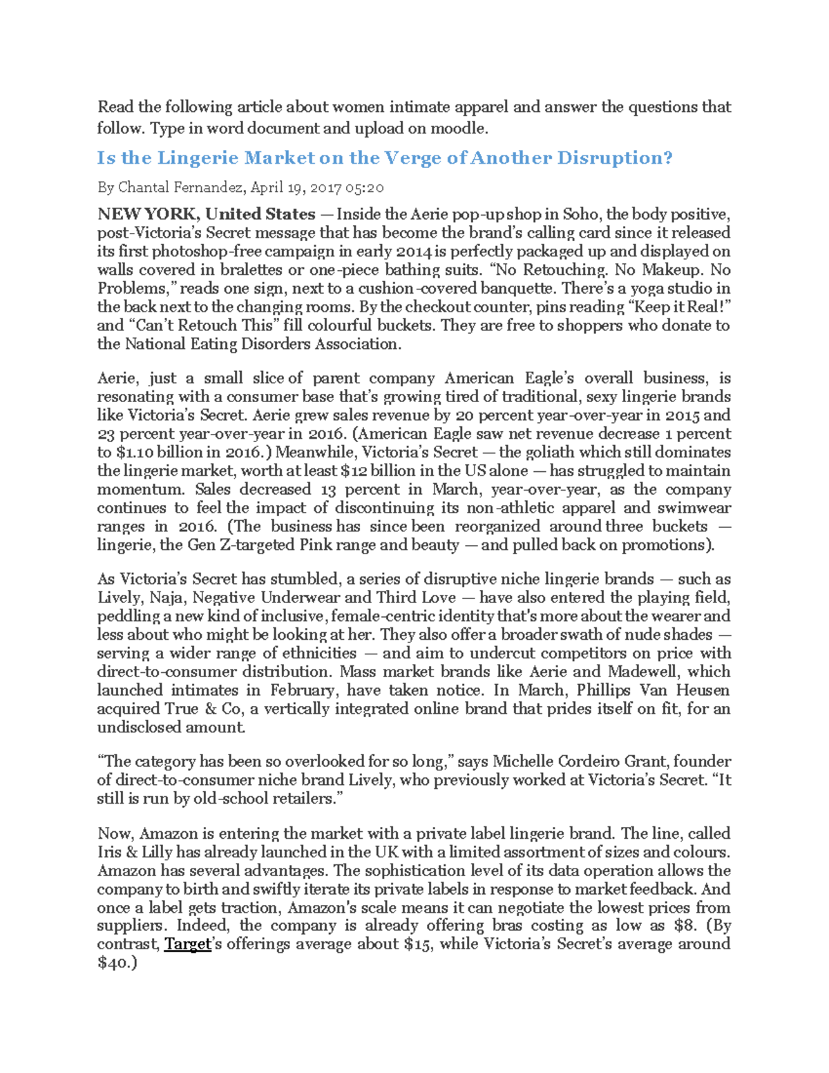 FCS 305 Intimate Apparel Read the following article about women