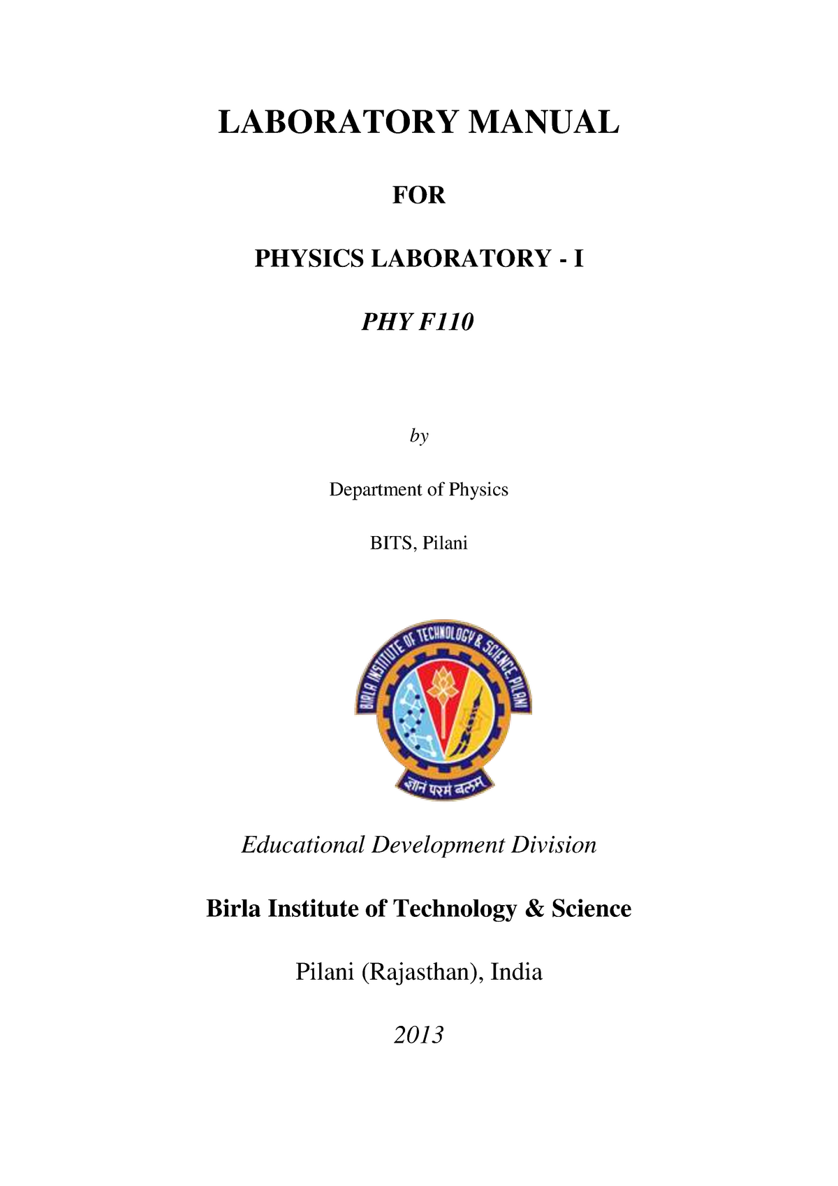 Physics Lab Manual - Assignment - LABORATORY MANUAL FOR PHYSICS ...