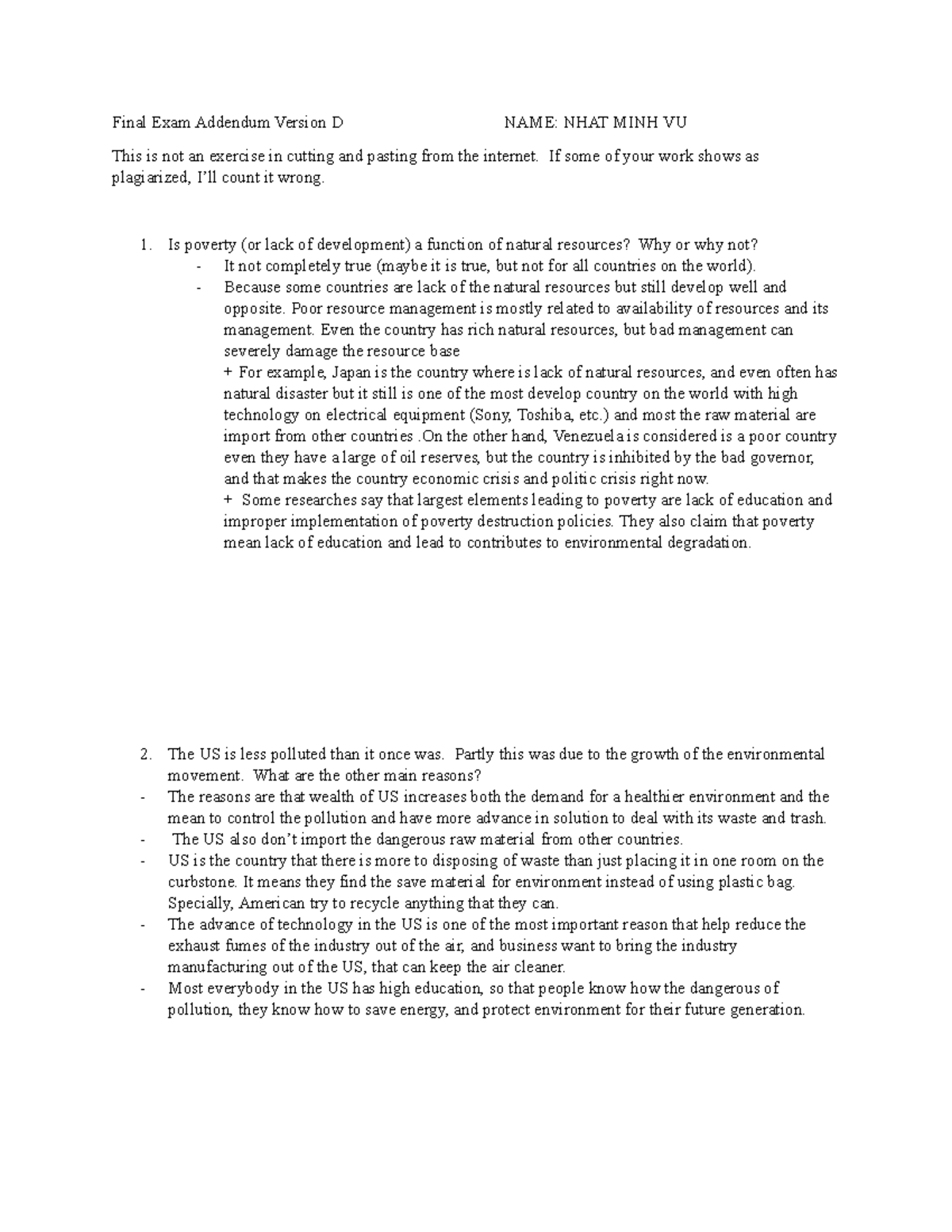 Final Exam Addendum D NHAT MINH VU - Final Exam Addendum Version D NAME ...