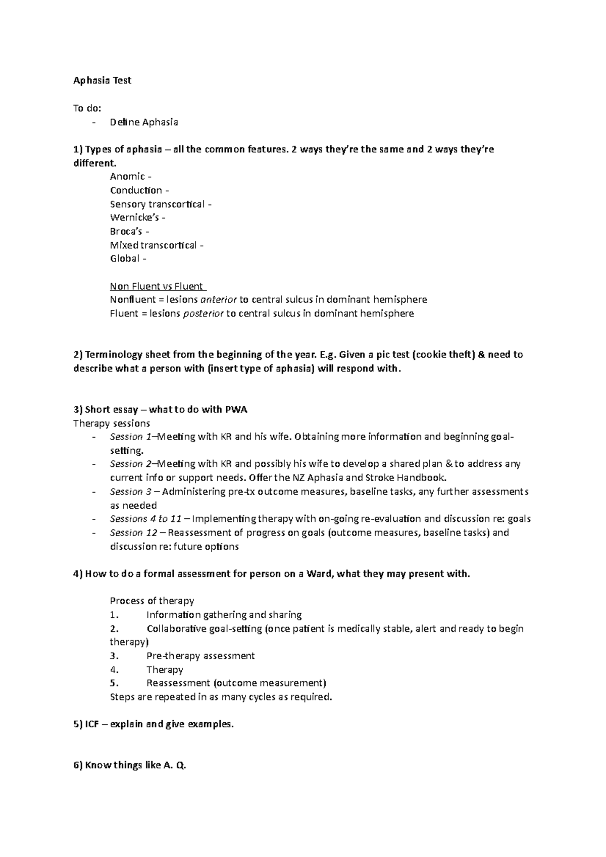 Aphasia Test - Detailed info on what to study for and what might be in ...