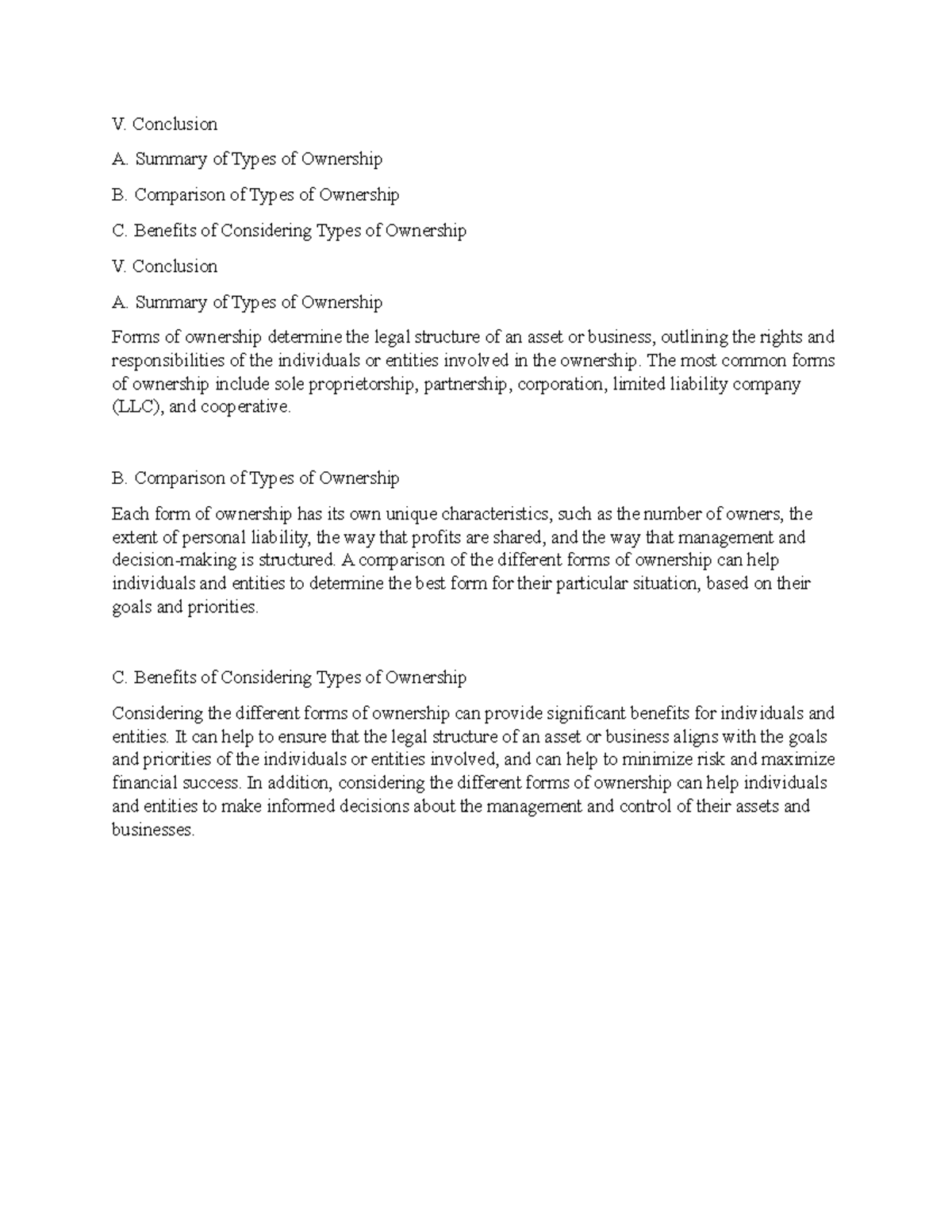 Forms Of Ownership 5 - V. Conclusion A. Summary Of Types Of Ownership B ...