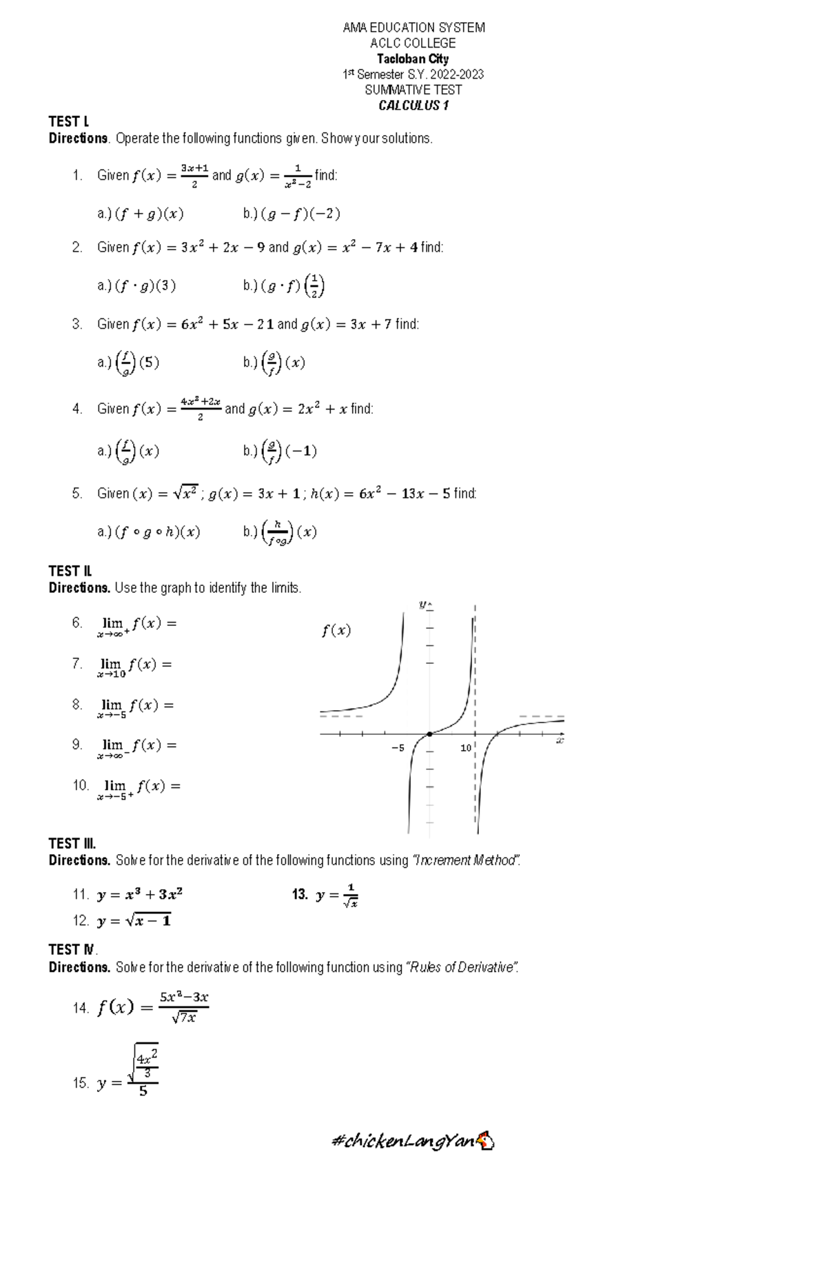 Summative Calculus 1 - Materials - Ama Education System Aclc College 