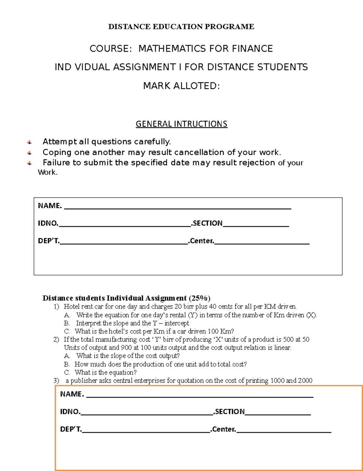 Distance Assignment Maths for finance - DISTANCE EDUCATION PROGRAME ...