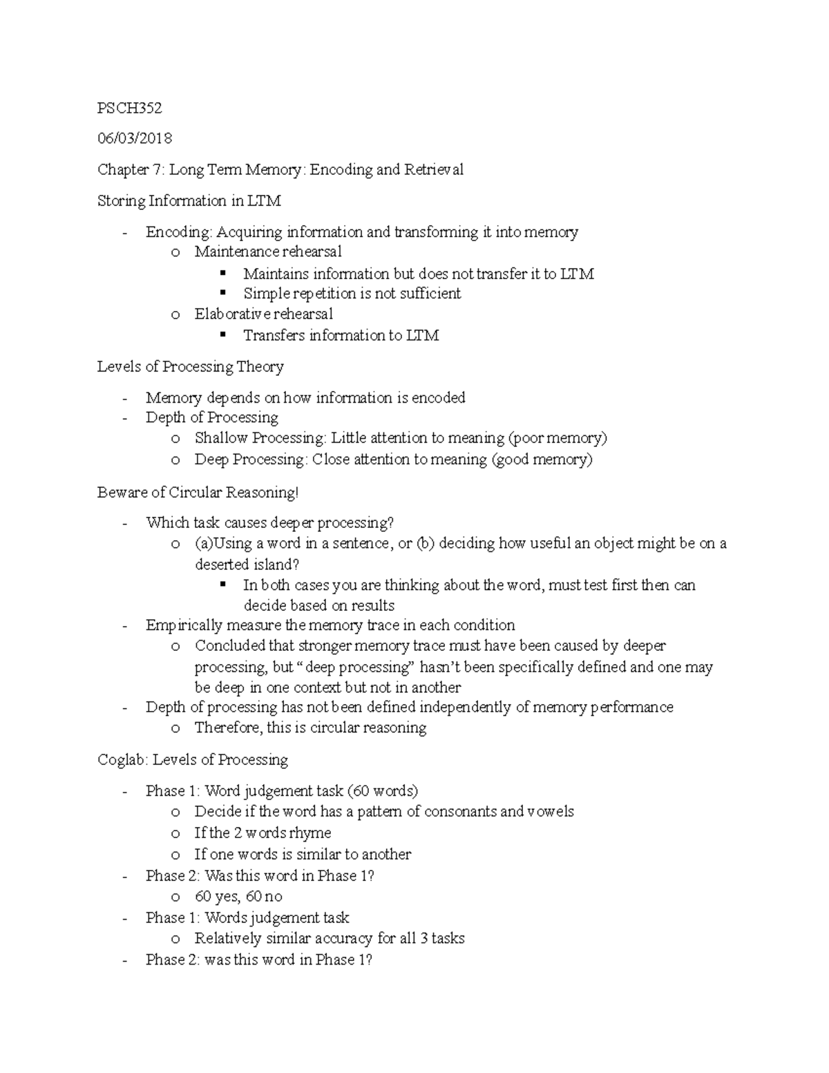 Notes 06 04 2018 chapter 7 long term memory encoding and retrieval