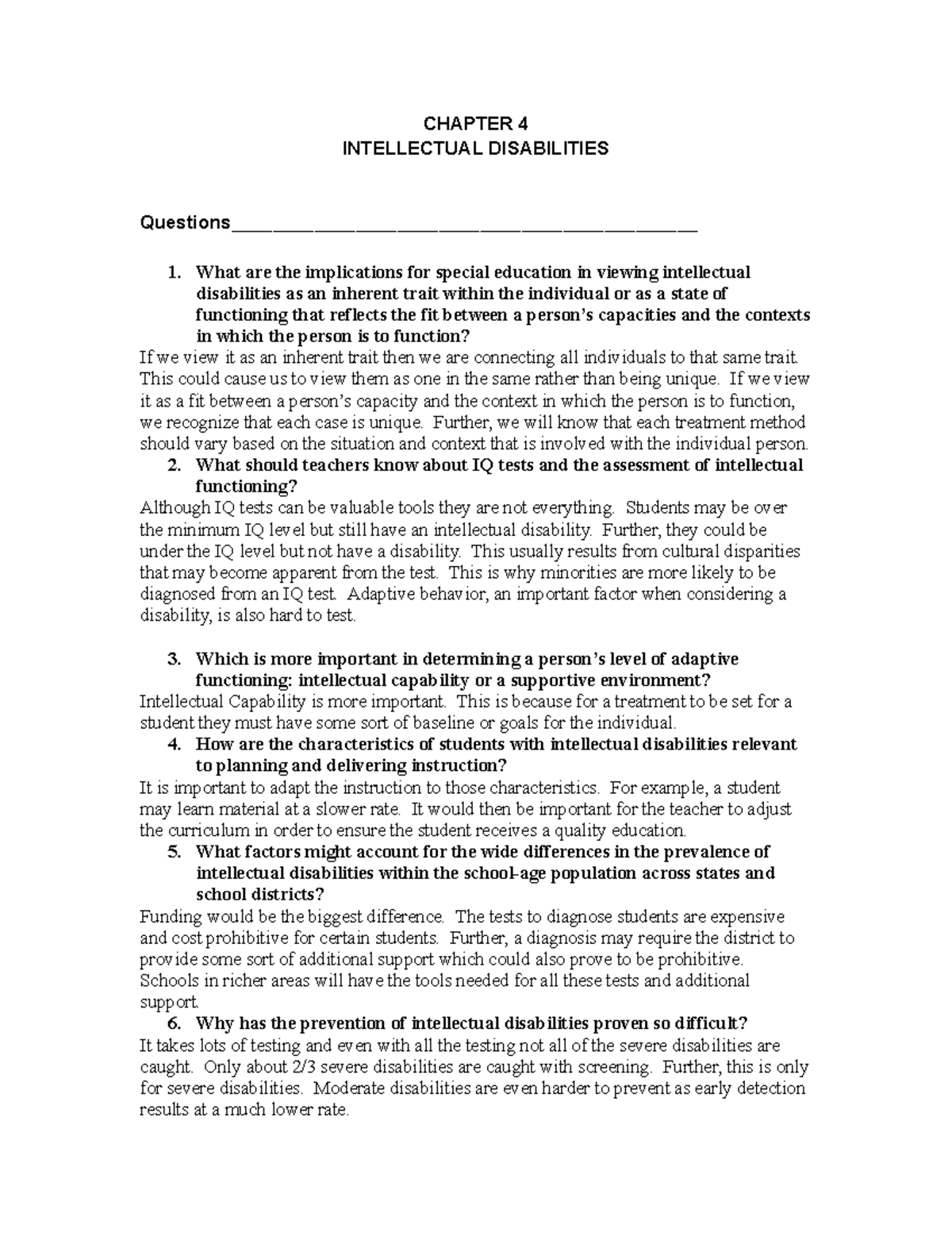 Chapter 4 discussion - NOTES - CHAPTER 4 INTELLECTUAL DISABILITIES ...