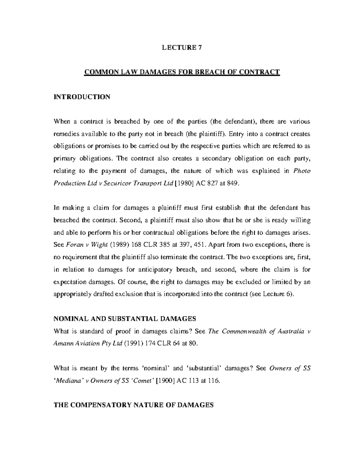 Lecture 7 Notes - LECTURE 7 COMMON LAW DAMAGES FOR BREACH OF CONTRACT ...