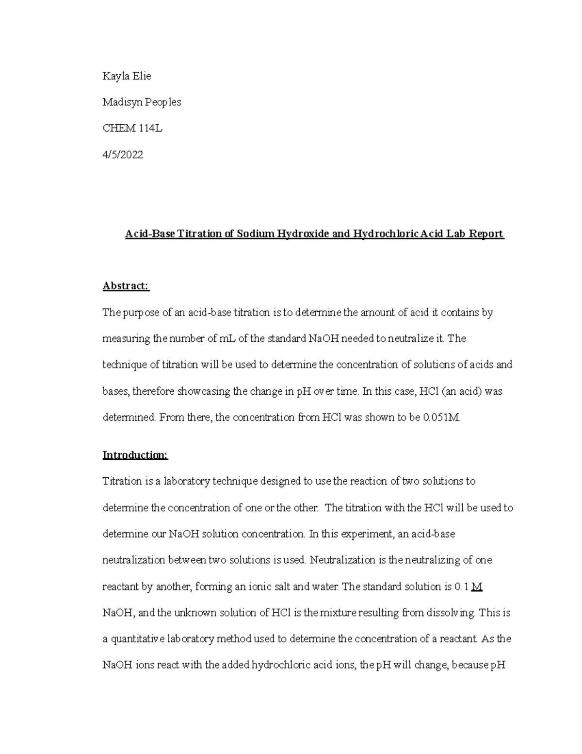 Acidbase titration lab report Kayla Elie Madisyn Peoples CHEM 114L 4