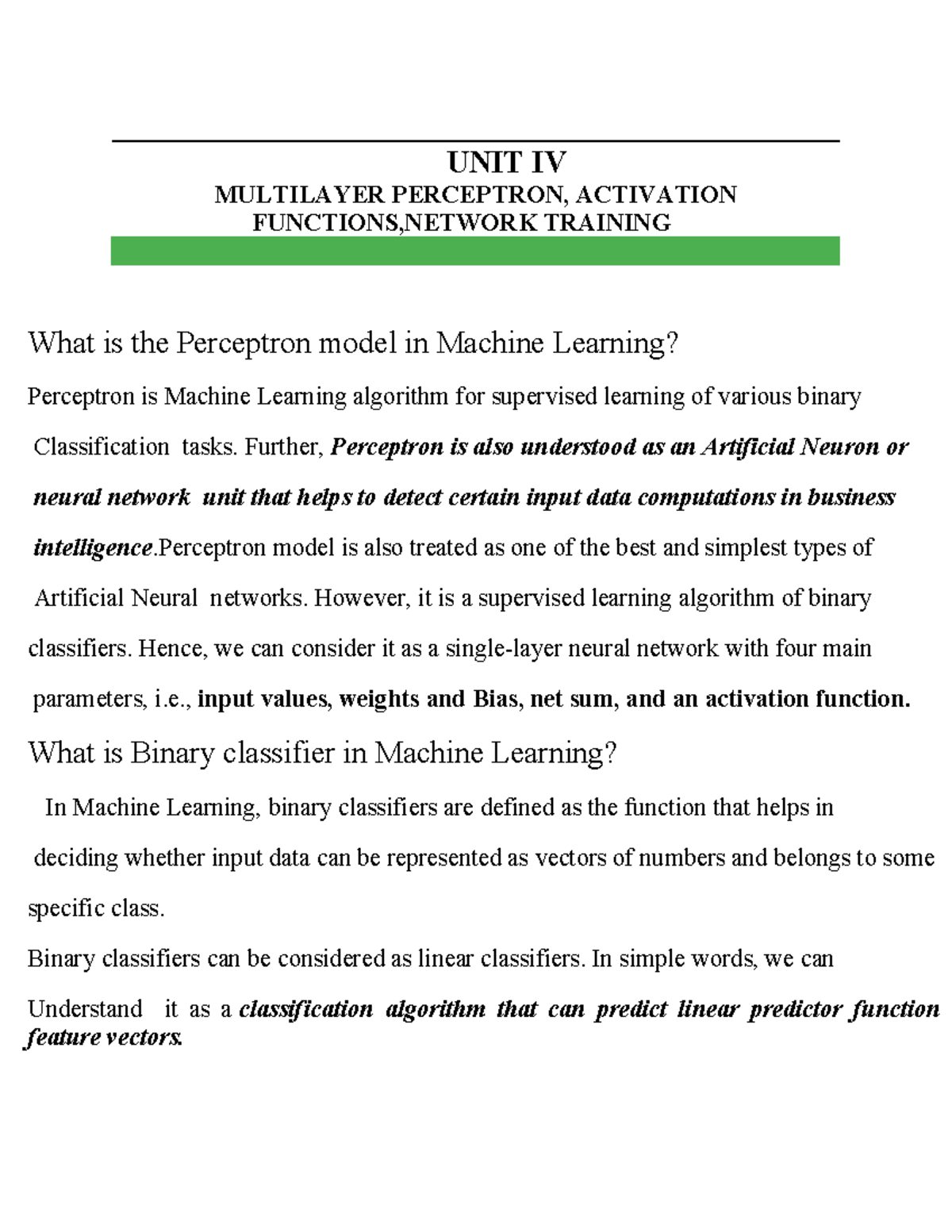 Perceptron in Machine Learning - UNIT IV MULTILAYER PERCEPTRON ...