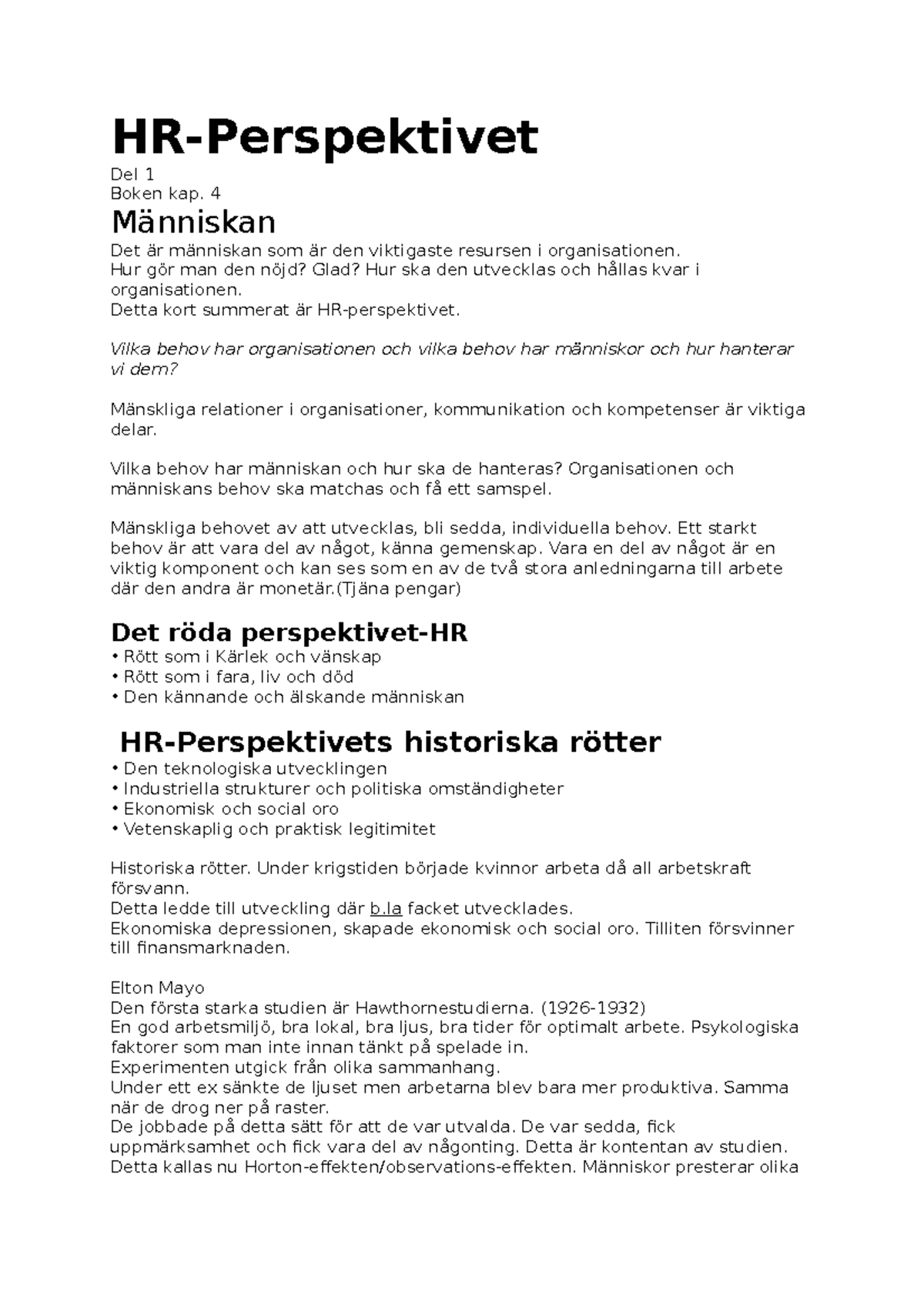 HR Perspektivet - HR-Perspektivet Del 1 Boken Kap. 4 Människan Det är ...