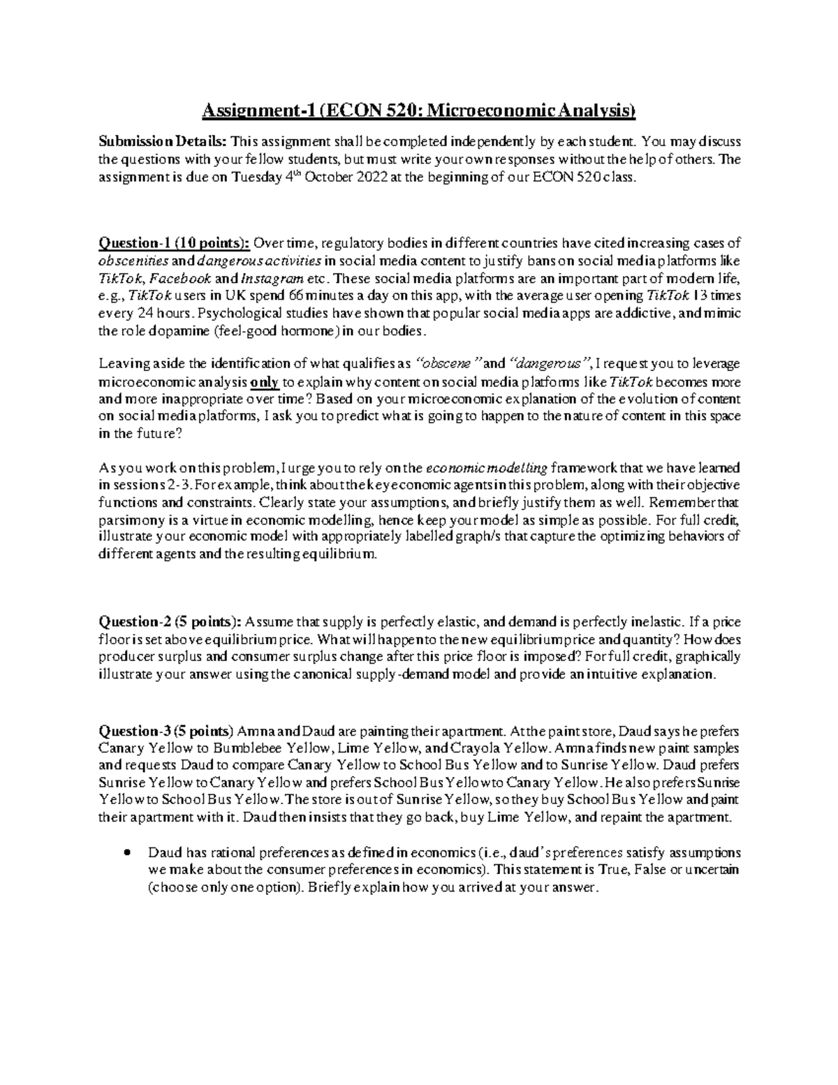 Assignment-1 - assignment 1 for the first chapter of microeconomics ...