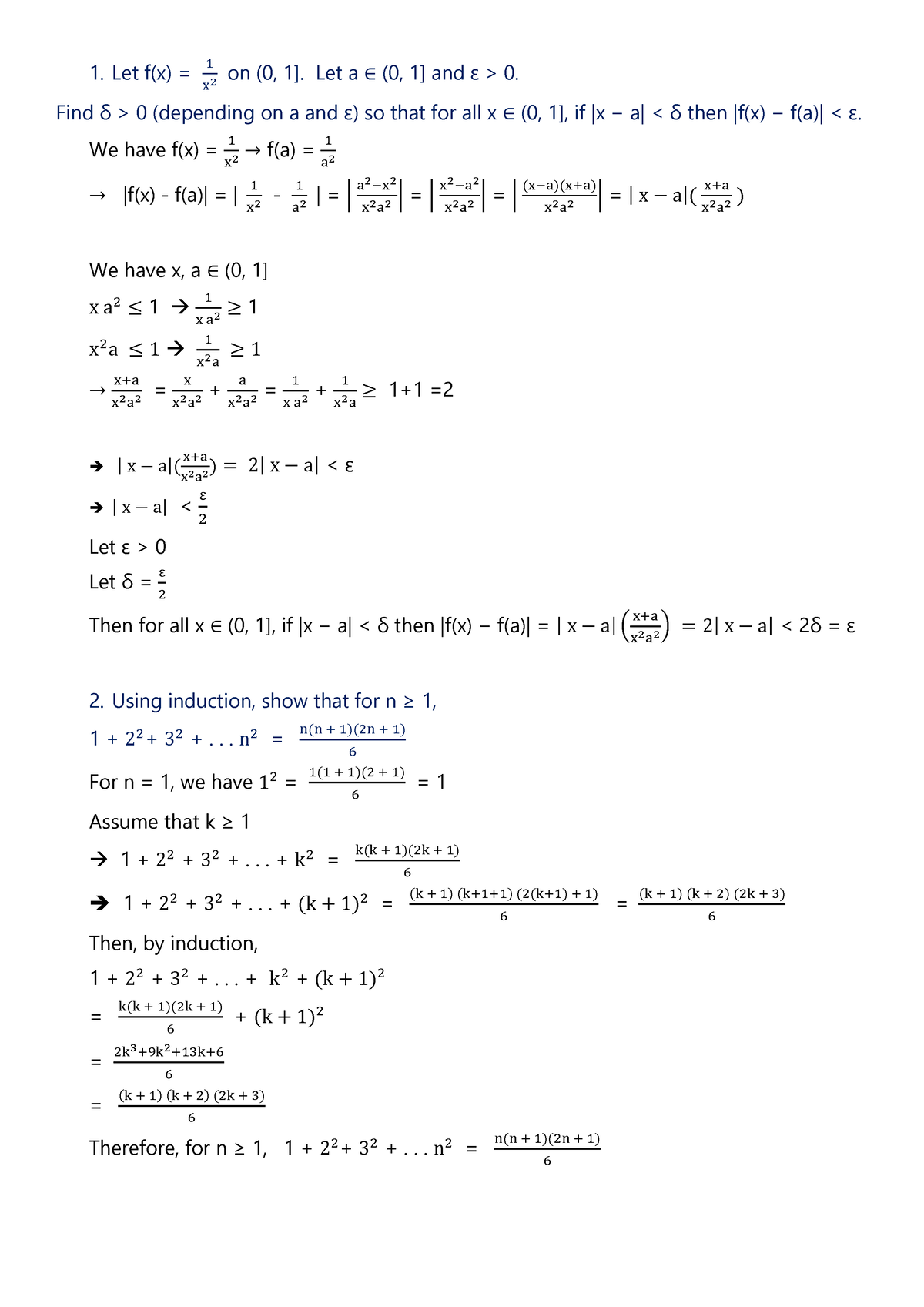 Analysis 1 - Exercises - 1. Let f(x) = 1 x 2 on (0, 1]. Let a ∈ (0, 1 ...