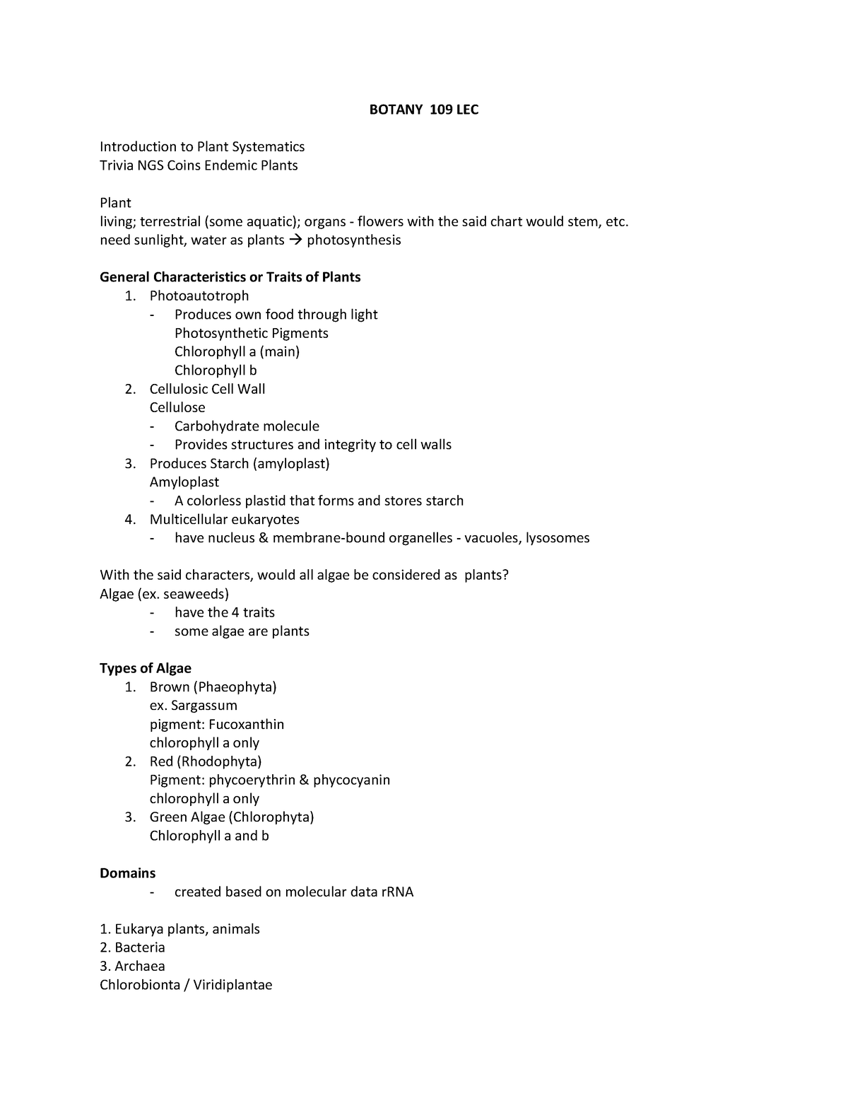 Systematics of Higher Plants Lec and Lab Notes - BOTANY 109 LEC ...