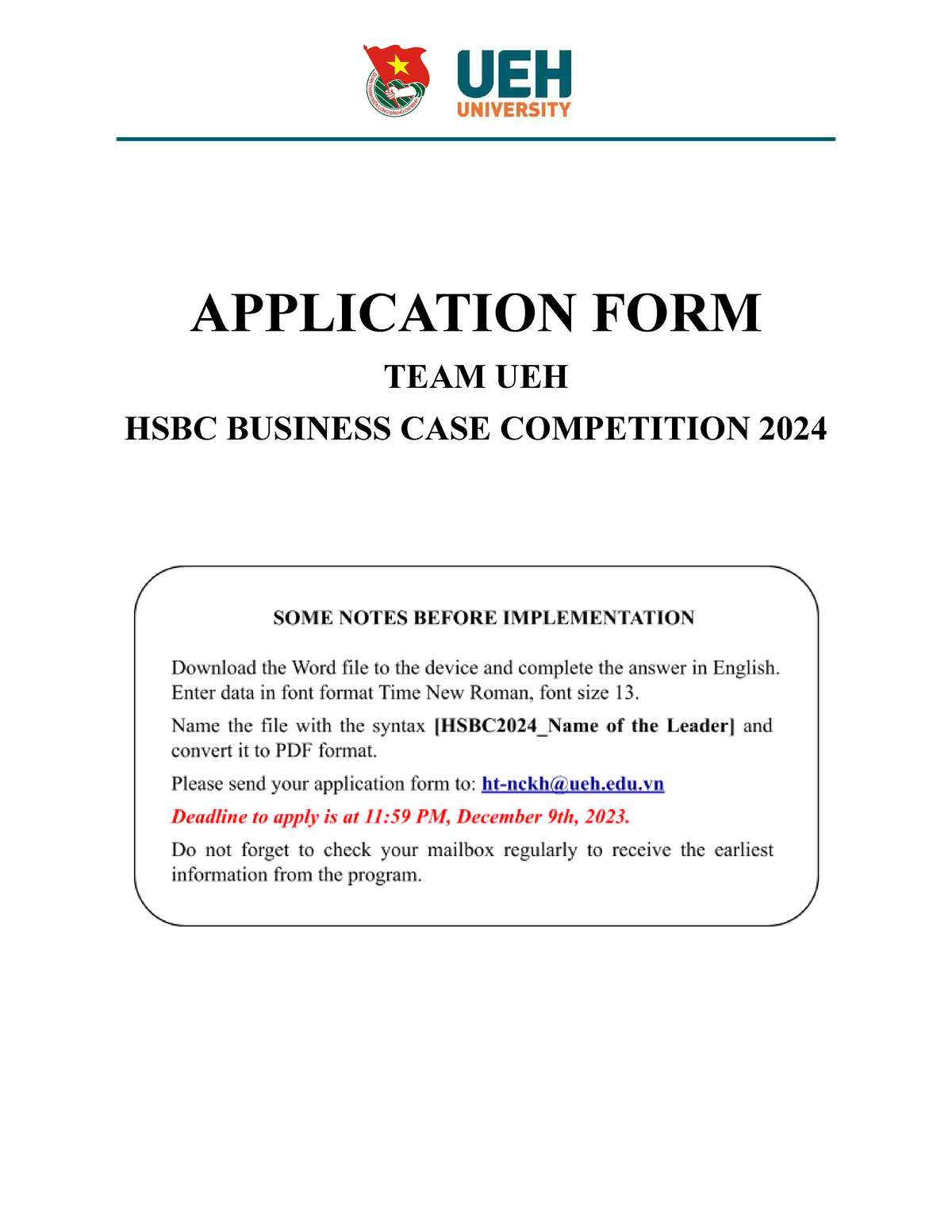 [HSBC 2024 Registration form] APPLICATION FORM TEAM UEH HSBC BUSINESS