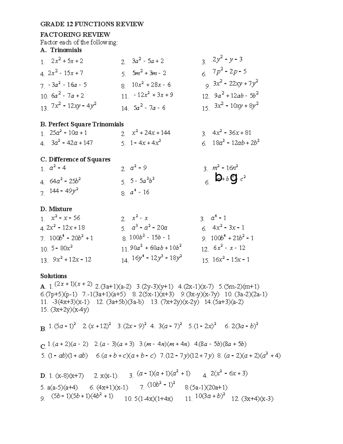 Factoring Review Document - High School Level Questions - FACTORING ...