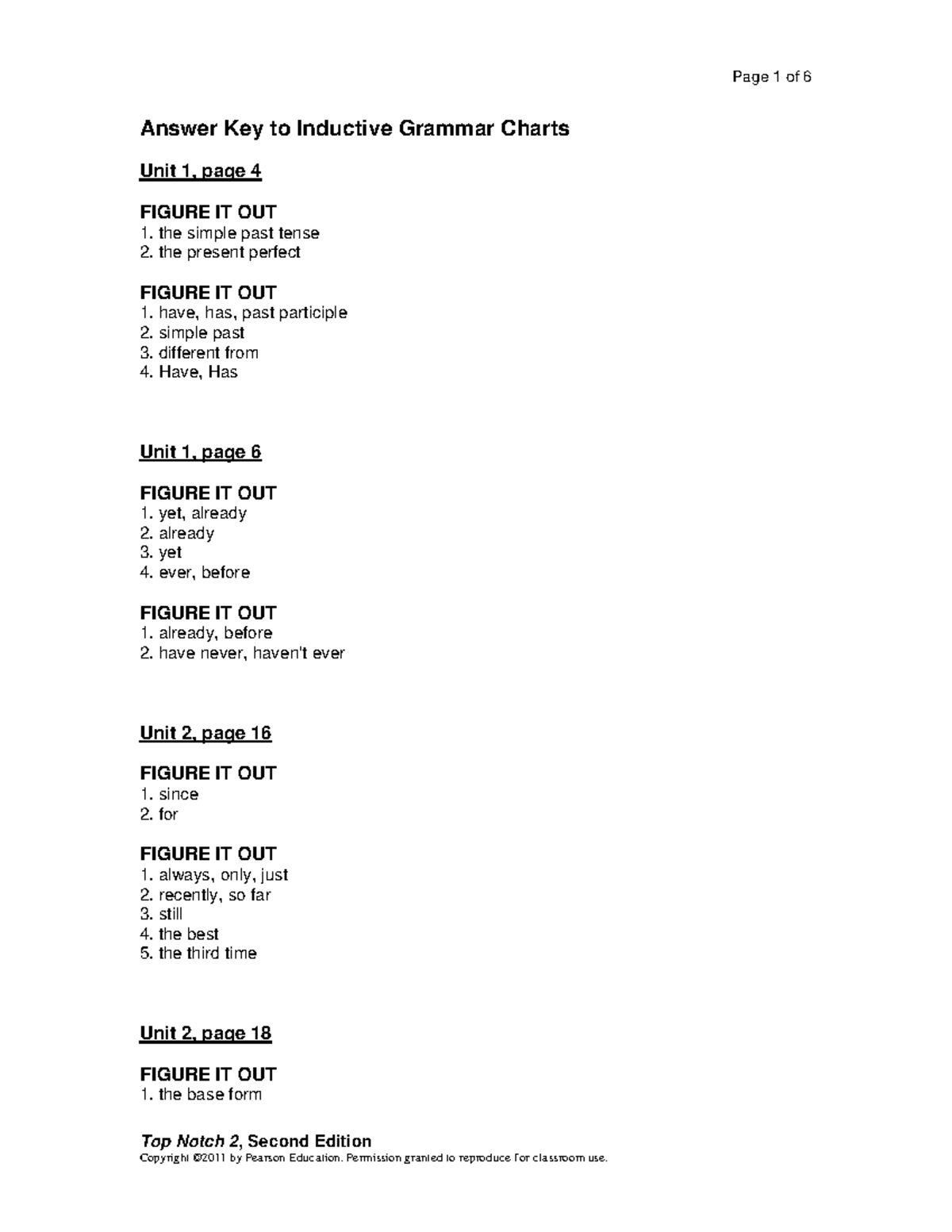 AK Inductive Grammar Charts Top Notch 2 , Second Edition Answer Key