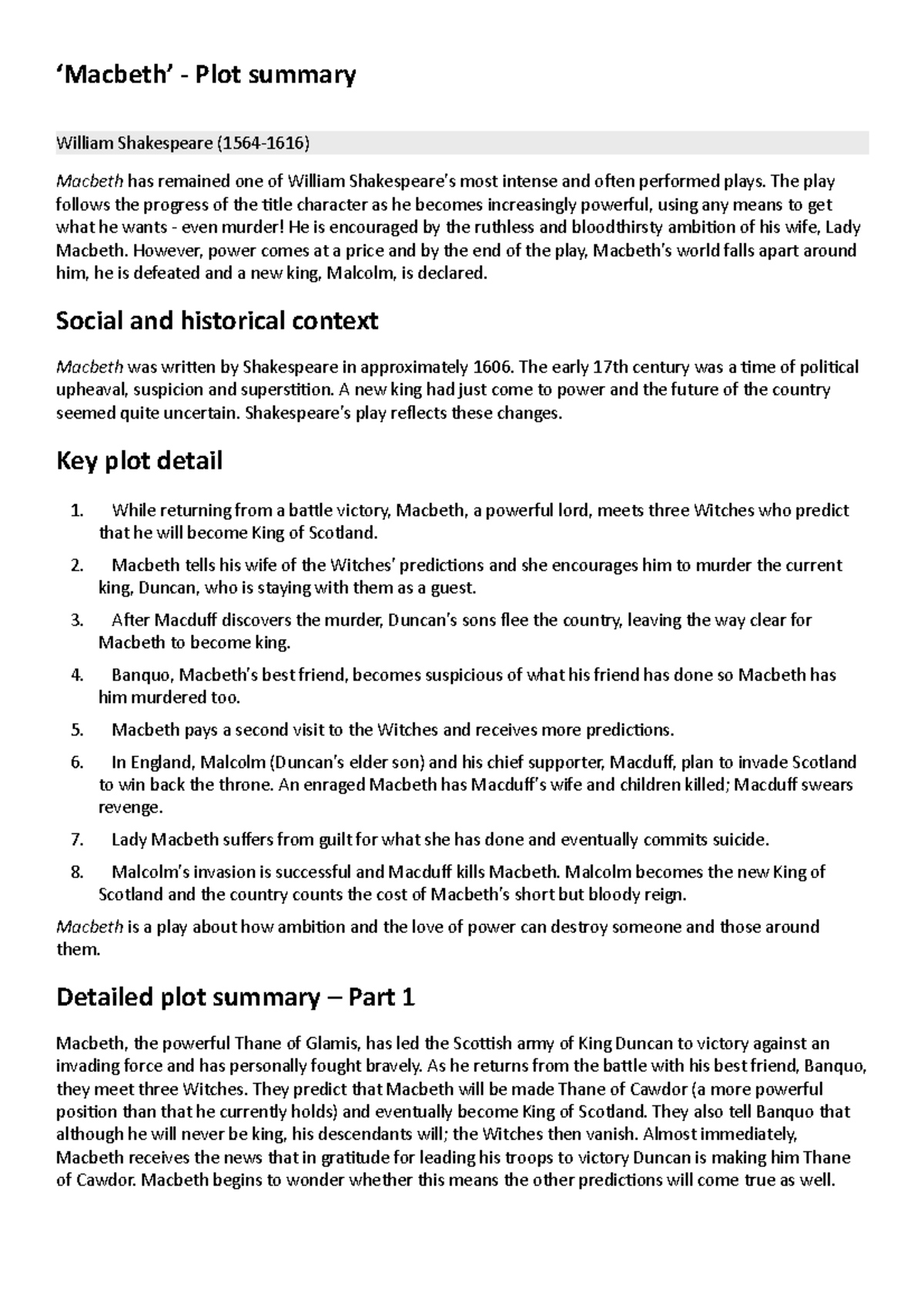 GCSE Bitesize Macbeth Booklet - ‘Macbeth’ - Plot Summary William ...