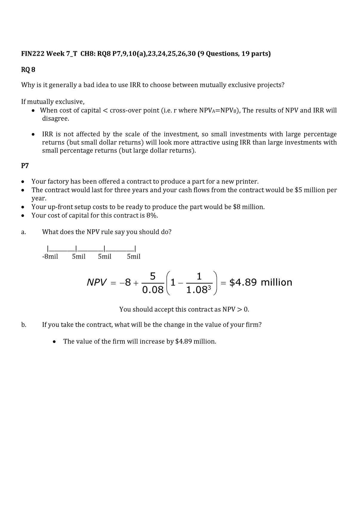 Week 7 T - week 7 tut answers - FIN222 Week 7_T CH8: RQ8 P7,9,10(a),23 ...