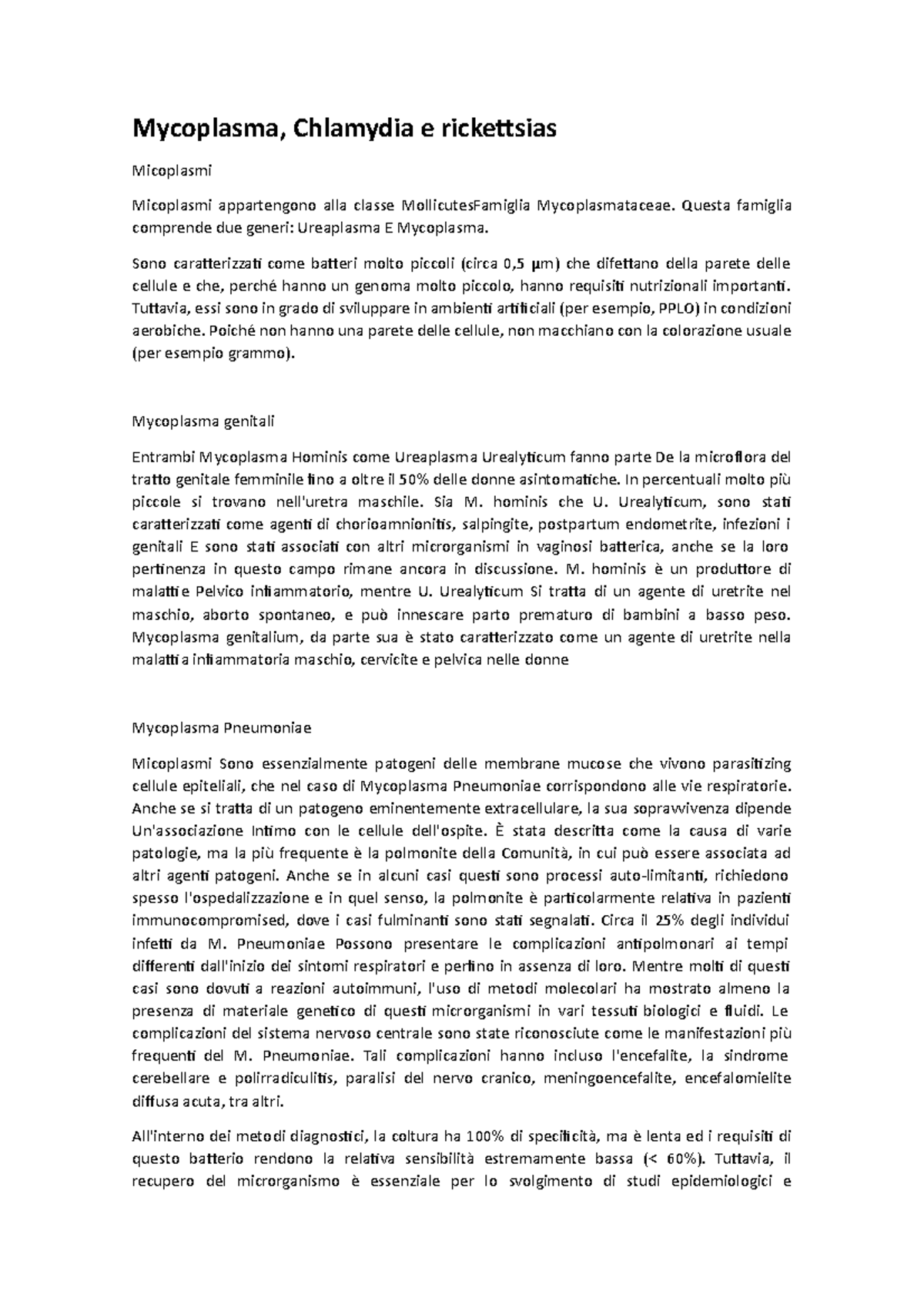 Mycoplasma - Appunti 1 - Mycoplasma, Chlamydia e rickettsias Micoplasmi ...