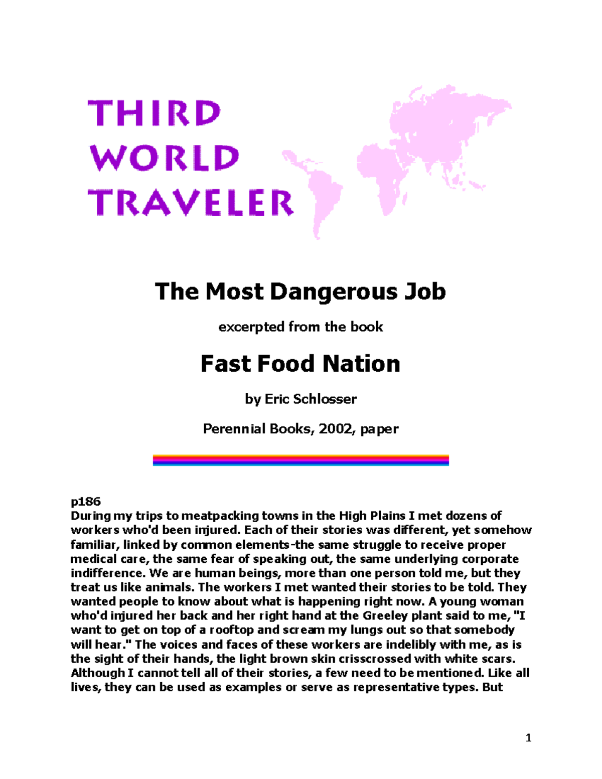 Schlosser (2002 ) Fast Food Nation The Most Dangerous Job Warning